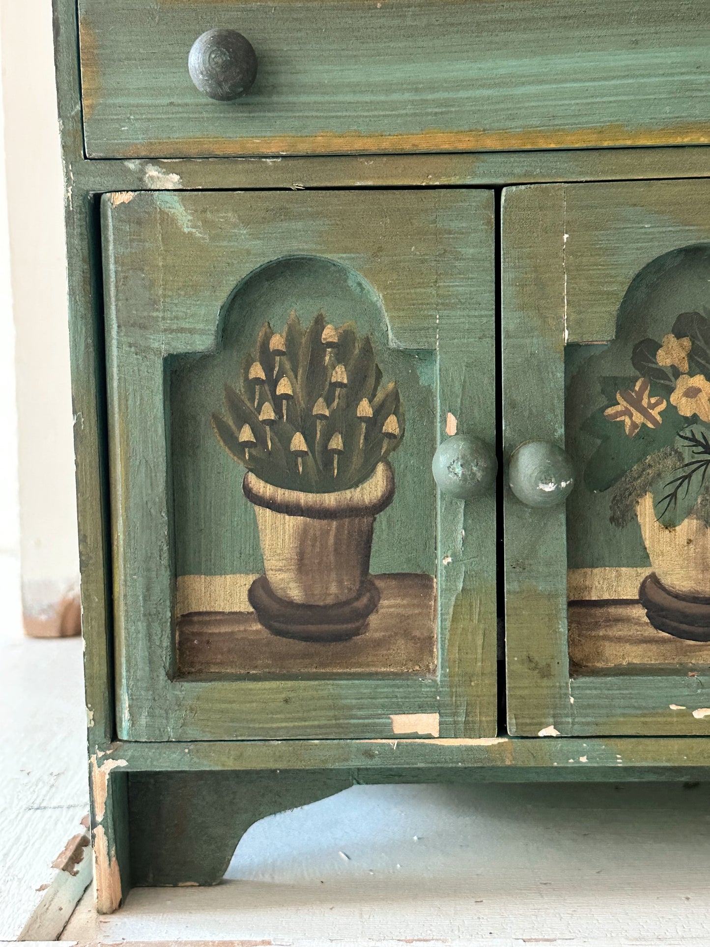 Vintage Tabletop Size Folk Art Painted Hutch