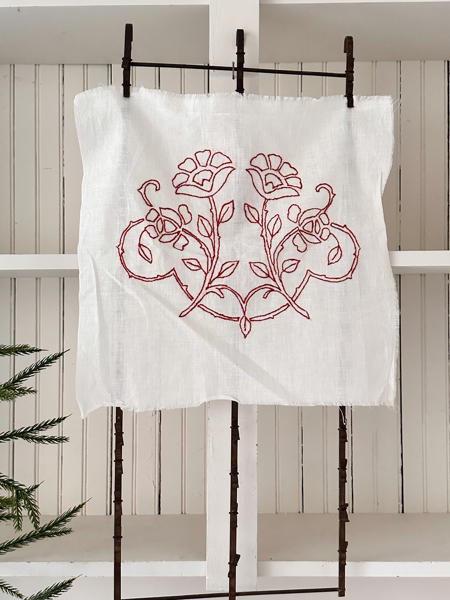 Vintage Hand Stitched Red Work Quilt Block