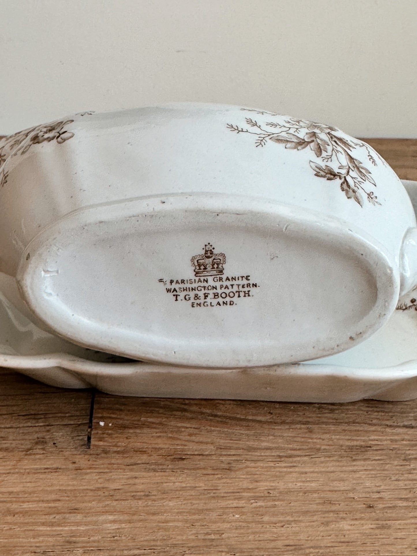 Vintage T G & F Booth Transferware Gravy Boat and Drip Plate