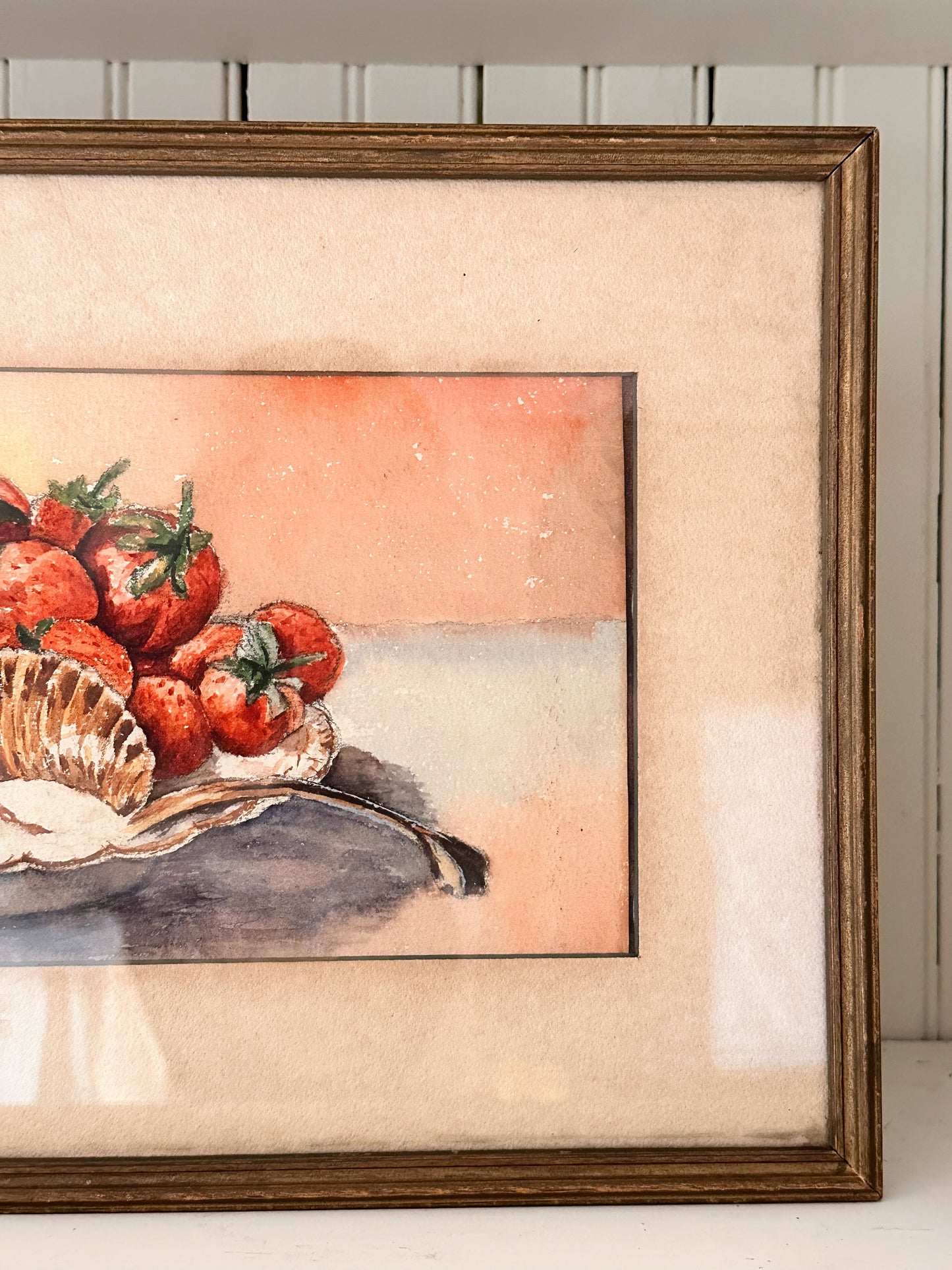 Vintage Strawberries & Cream Framed Watercolor