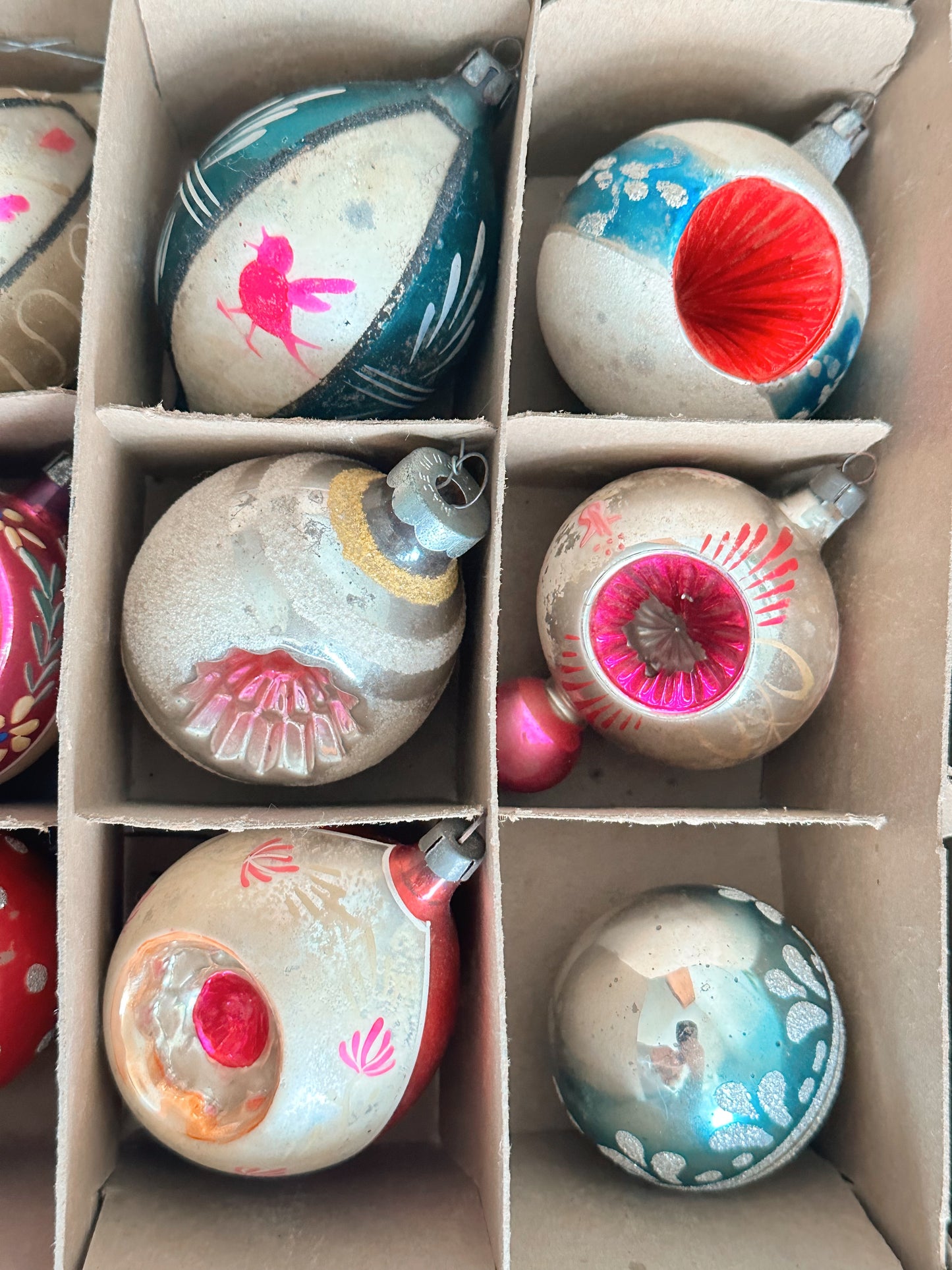 Vintage Shiny Brite Box Filled with Vintage Ornaments