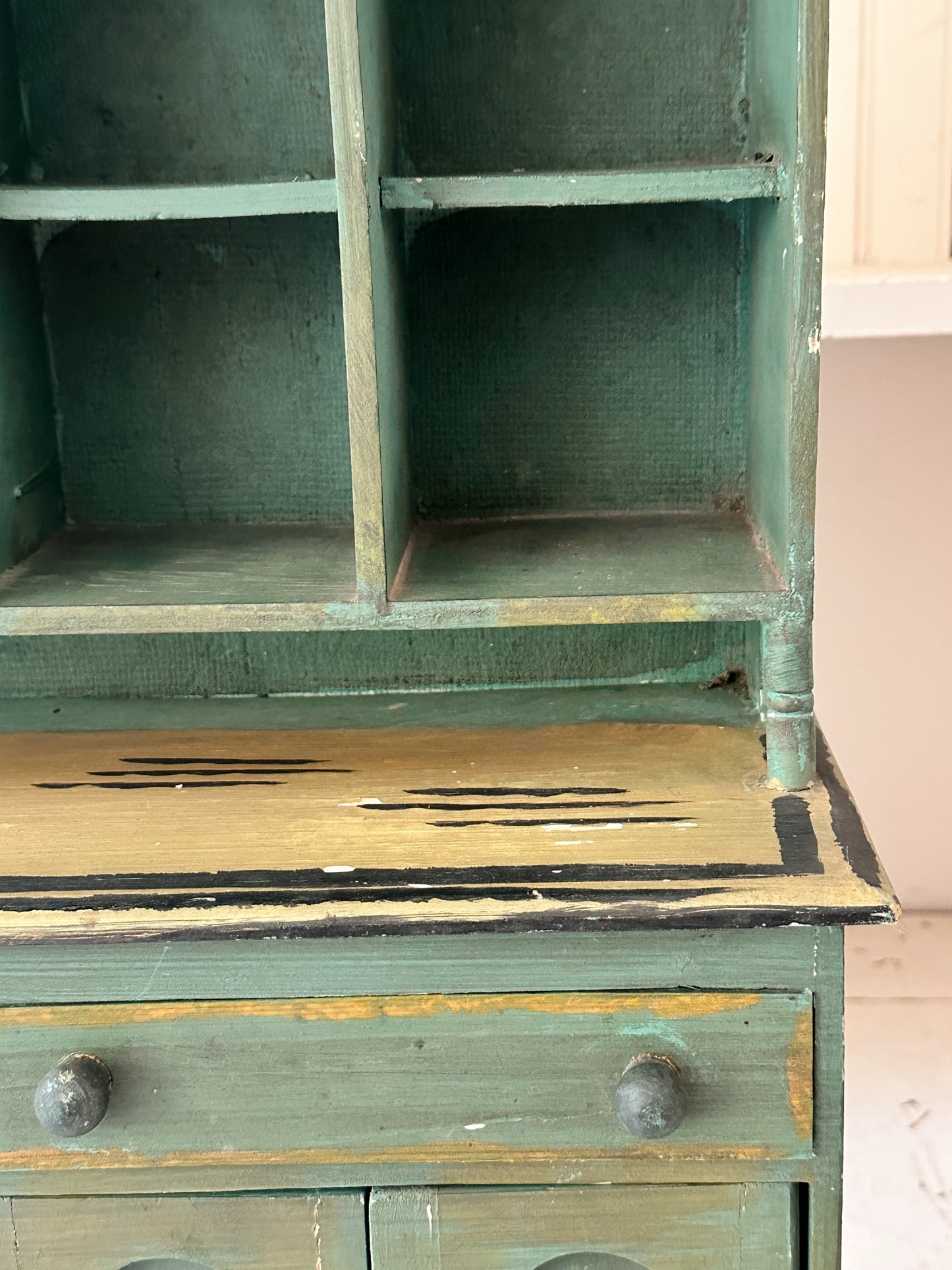 Vintage Tabletop Size Folk Art Painted Hutch
