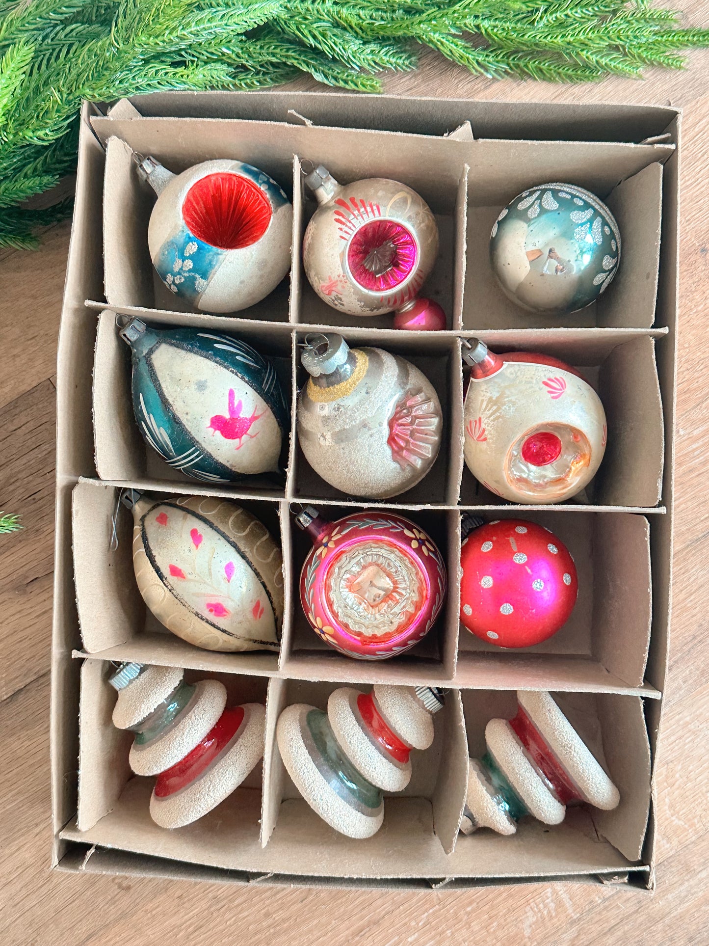Vintage Shiny Brite Box Filled with Vintage Ornaments