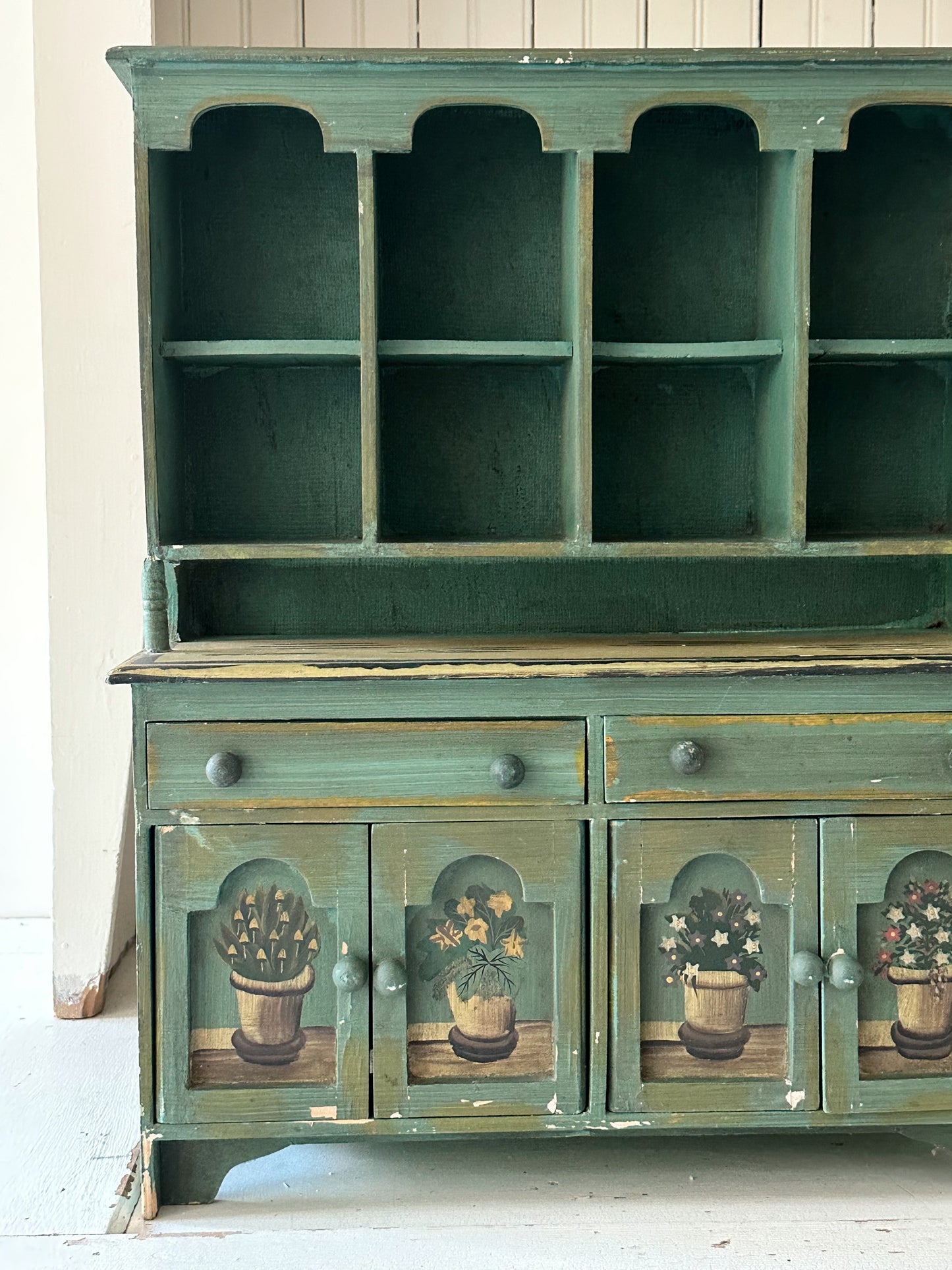 Vintage Tabletop Size Folk Art Painted Hutch