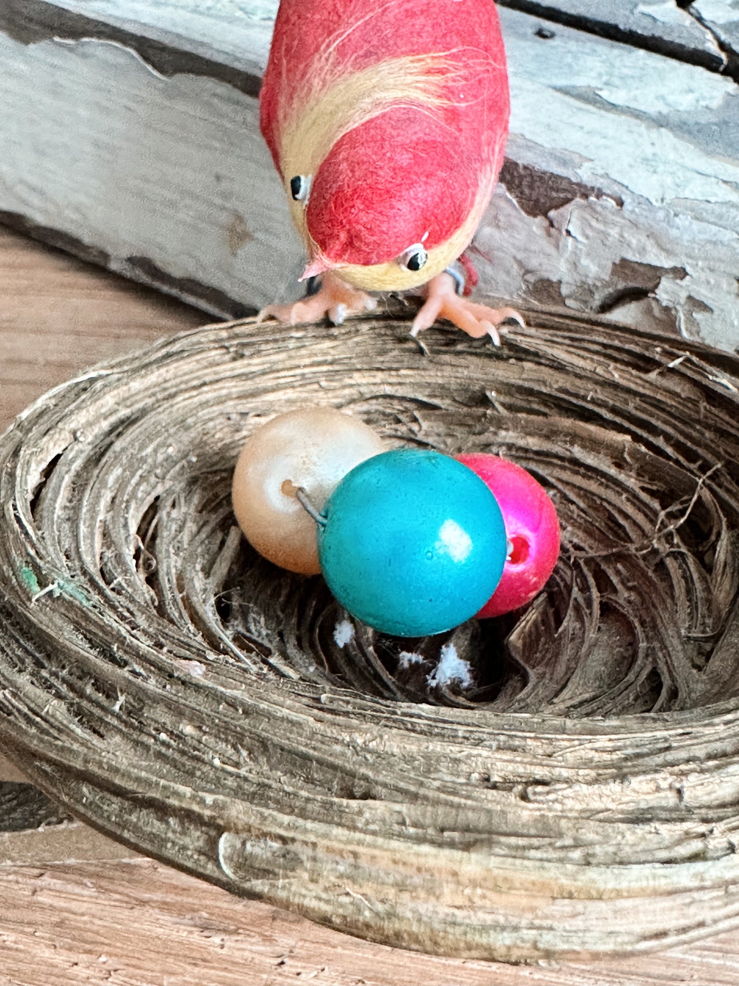 Rare Antique Spun Cotton Bird on a Nest Ornament