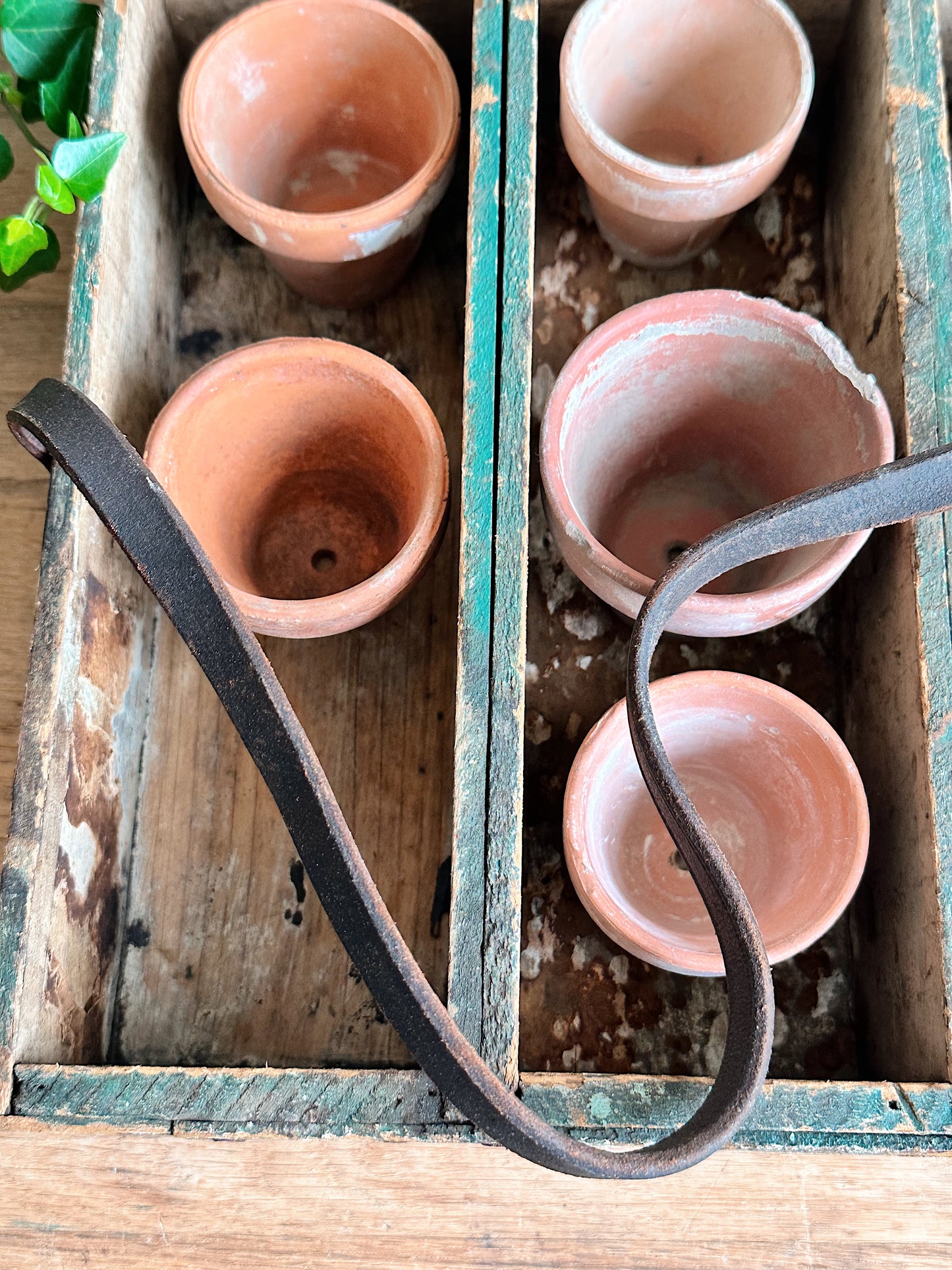 Vintage Handmade Wood Caddy & Pots