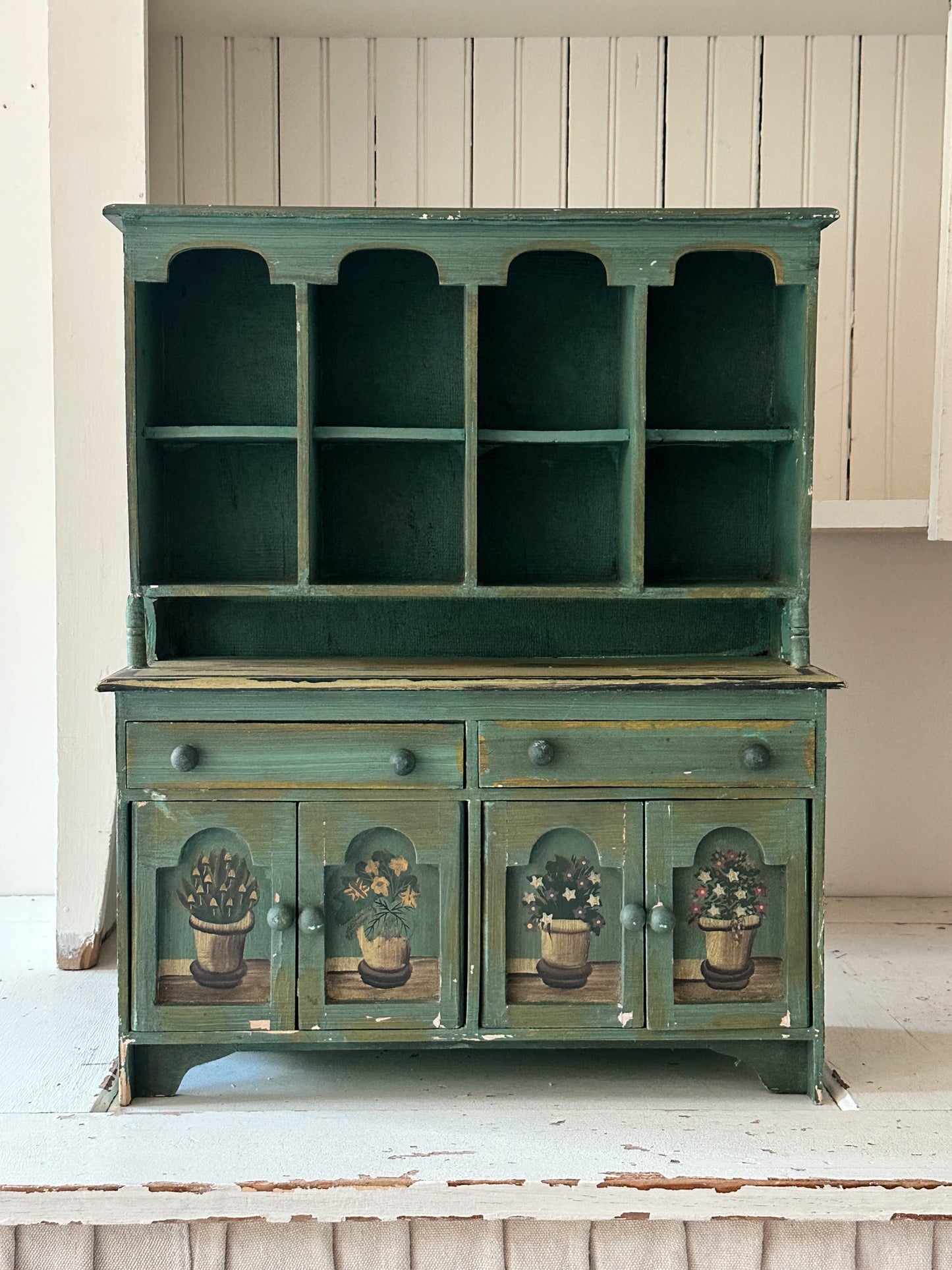 Vintage Tabletop Size Folk Art Painted Hutch