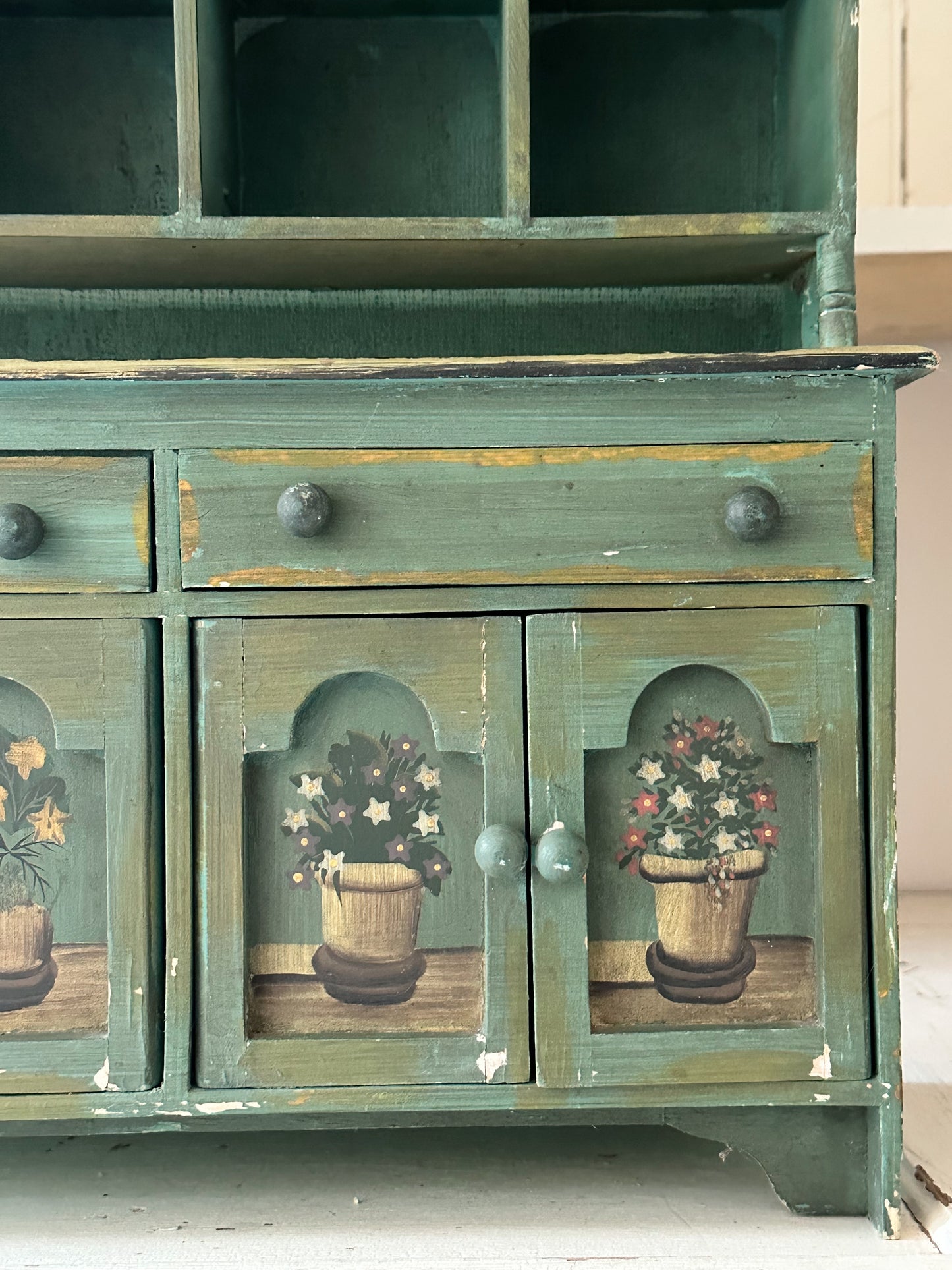 Vintage Tabletop Size Folk Art Painted Hutch