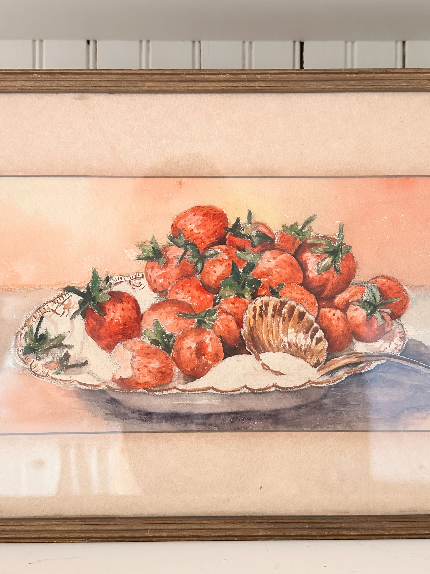 Vintage Strawberries & Cream Framed Watercolor