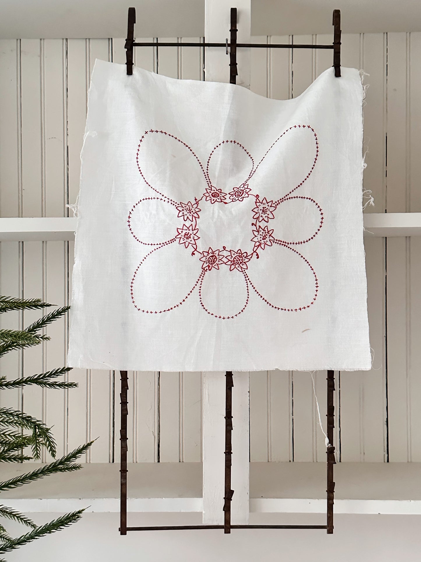 Vintage Hand Stitched Red Work Quilt Block