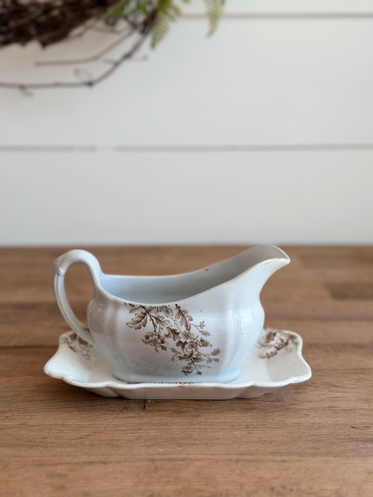 Vintage T G & F Booth Transferware Gravy Boat and Drip Plate