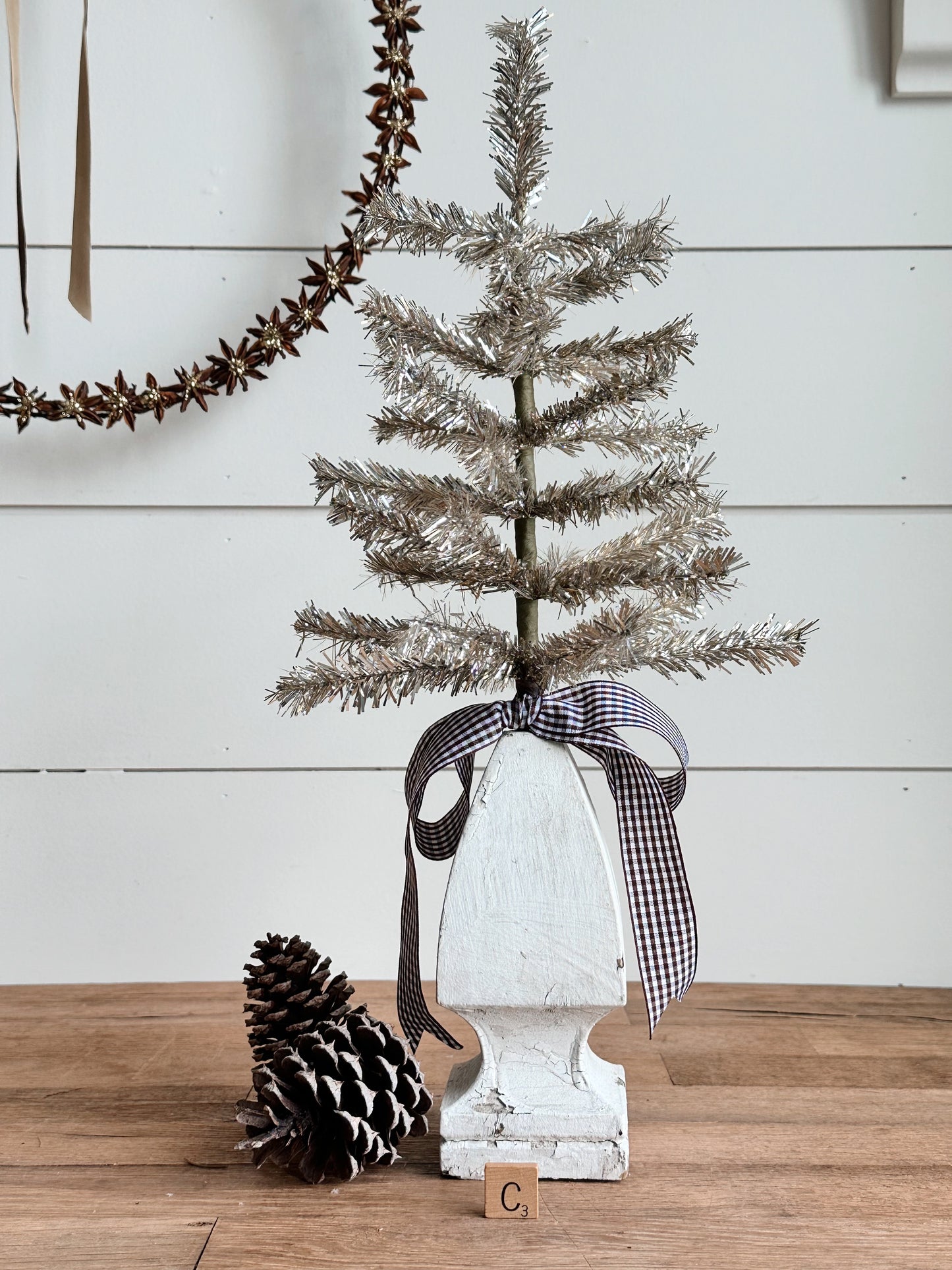 Vintage Wood Finial Tinsel Tree