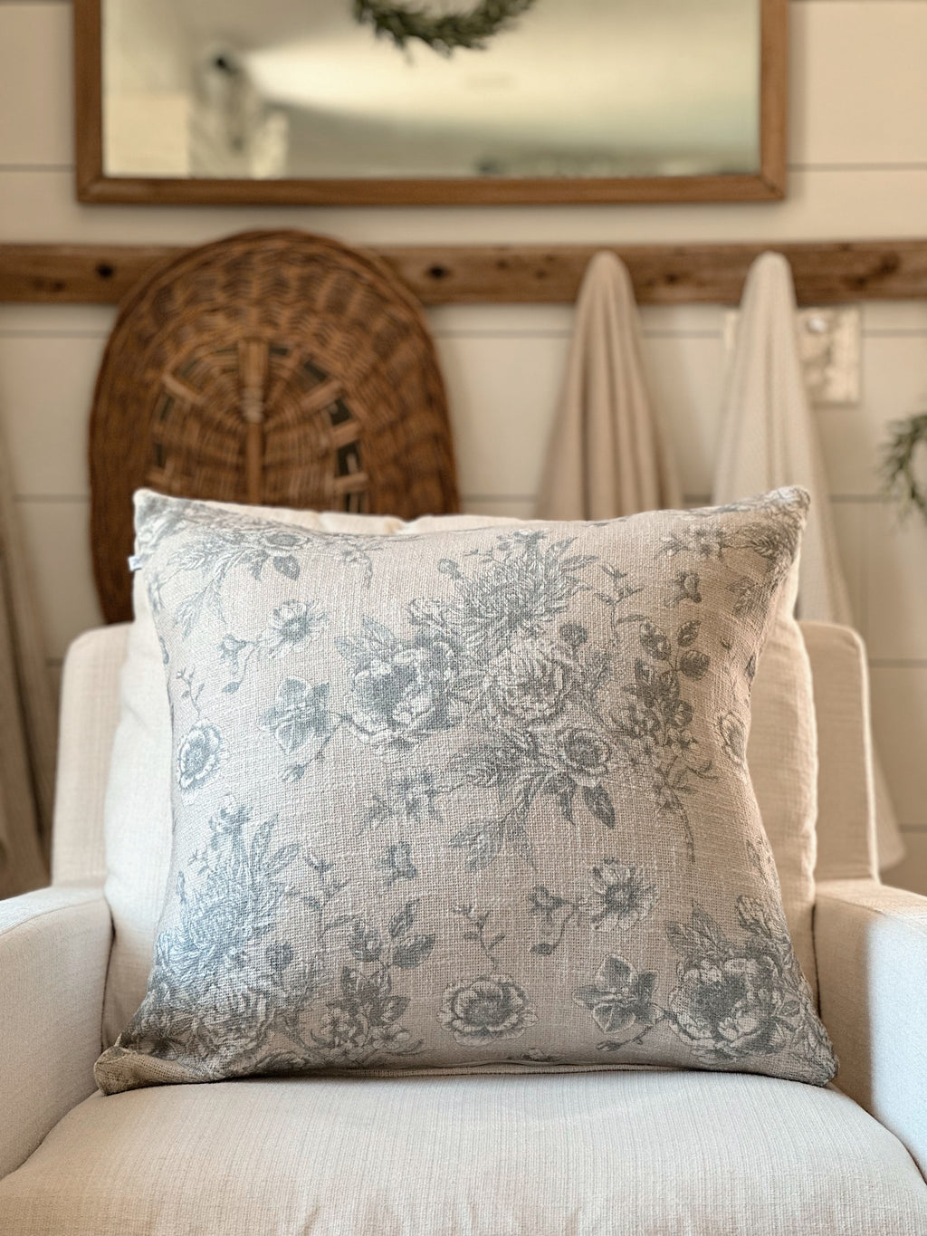 Serenity Toile de Jouy Roses Pillow Cover in Oyster