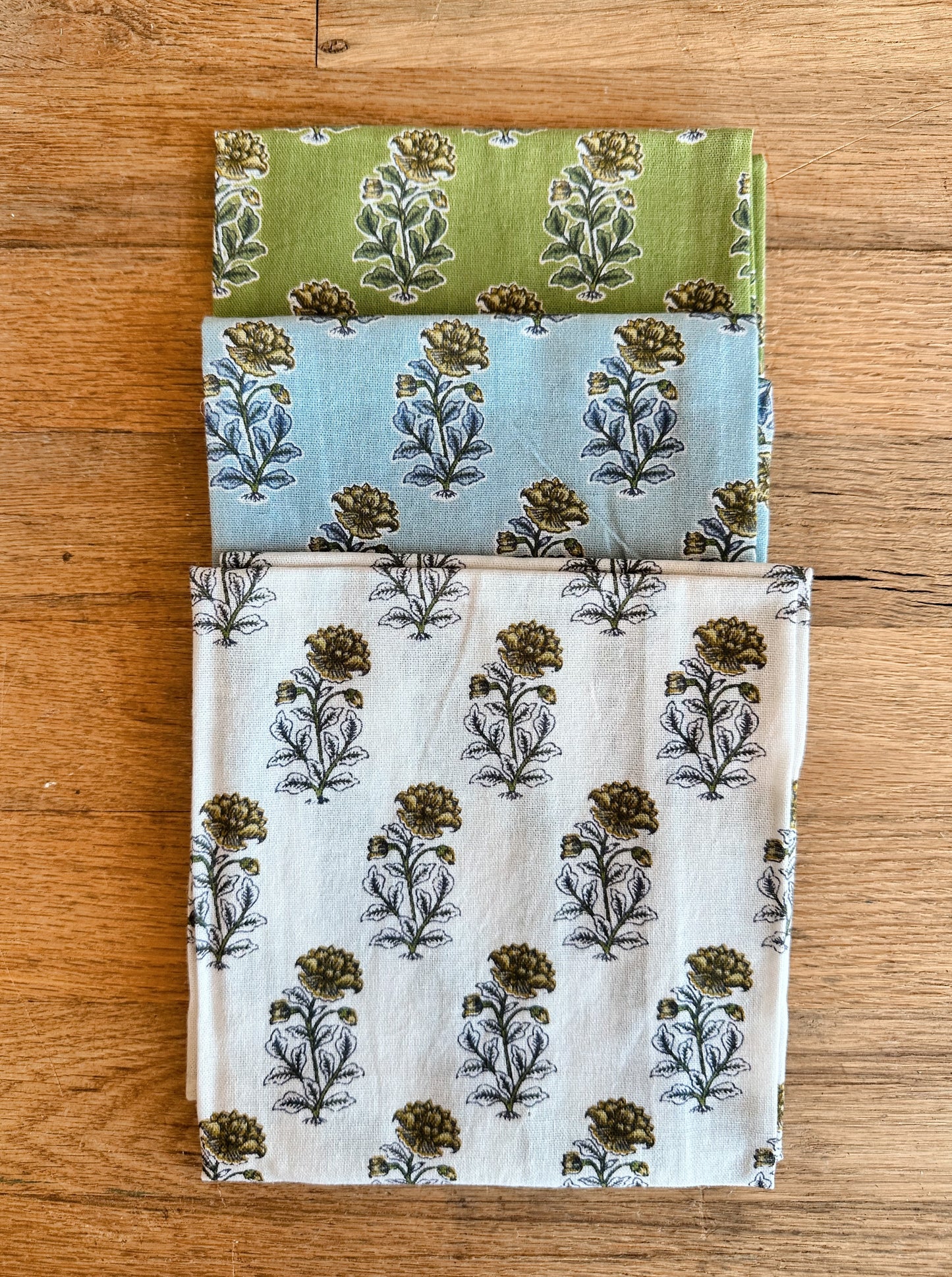 Set of Three Block Print Flour Sack Tea Towels