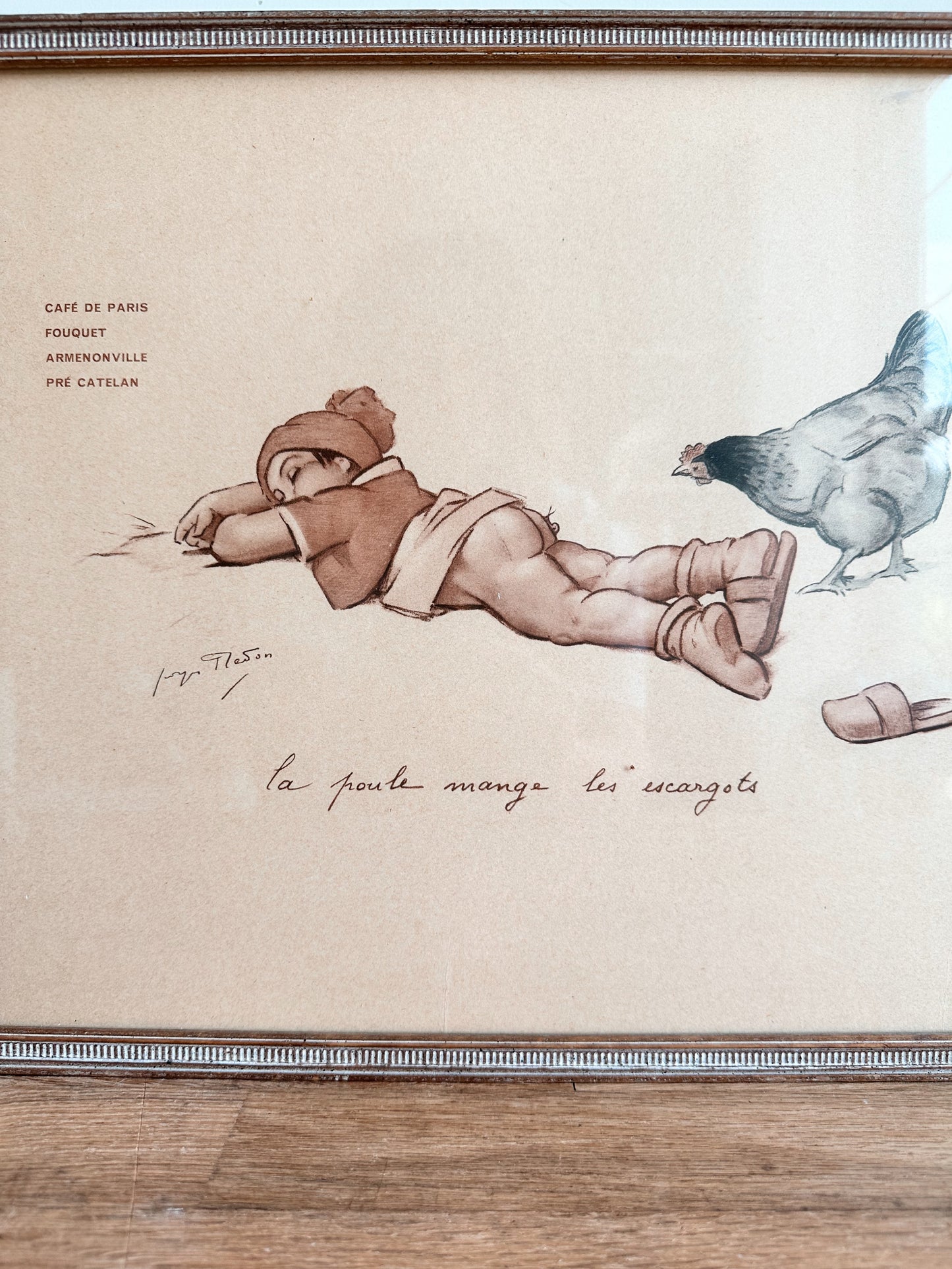 Vintage French Artist Jules Georges Redon Print, The Hen Eats the Snails