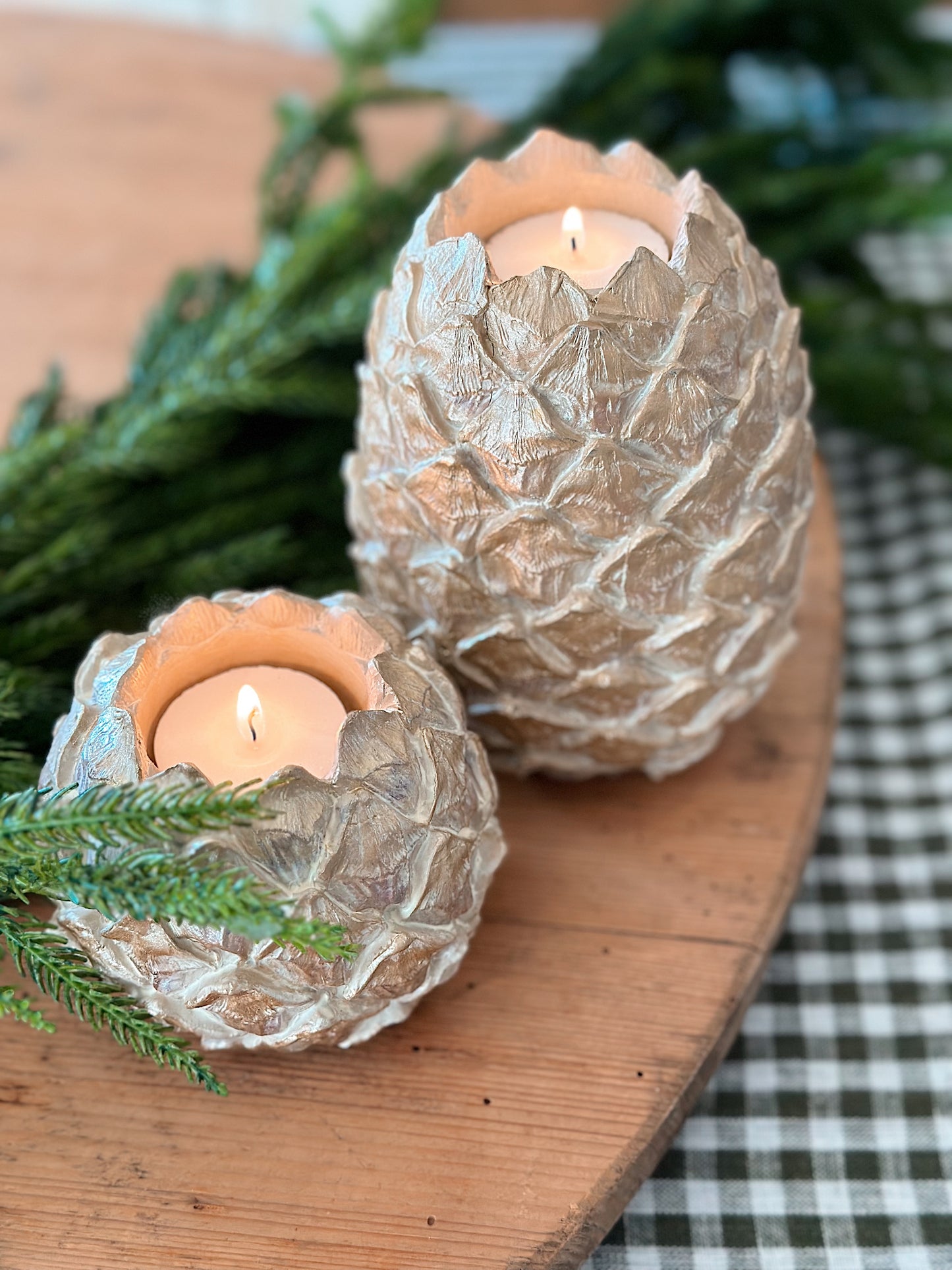 Set of Two Soft Gold Pinecone Tea Light Holders