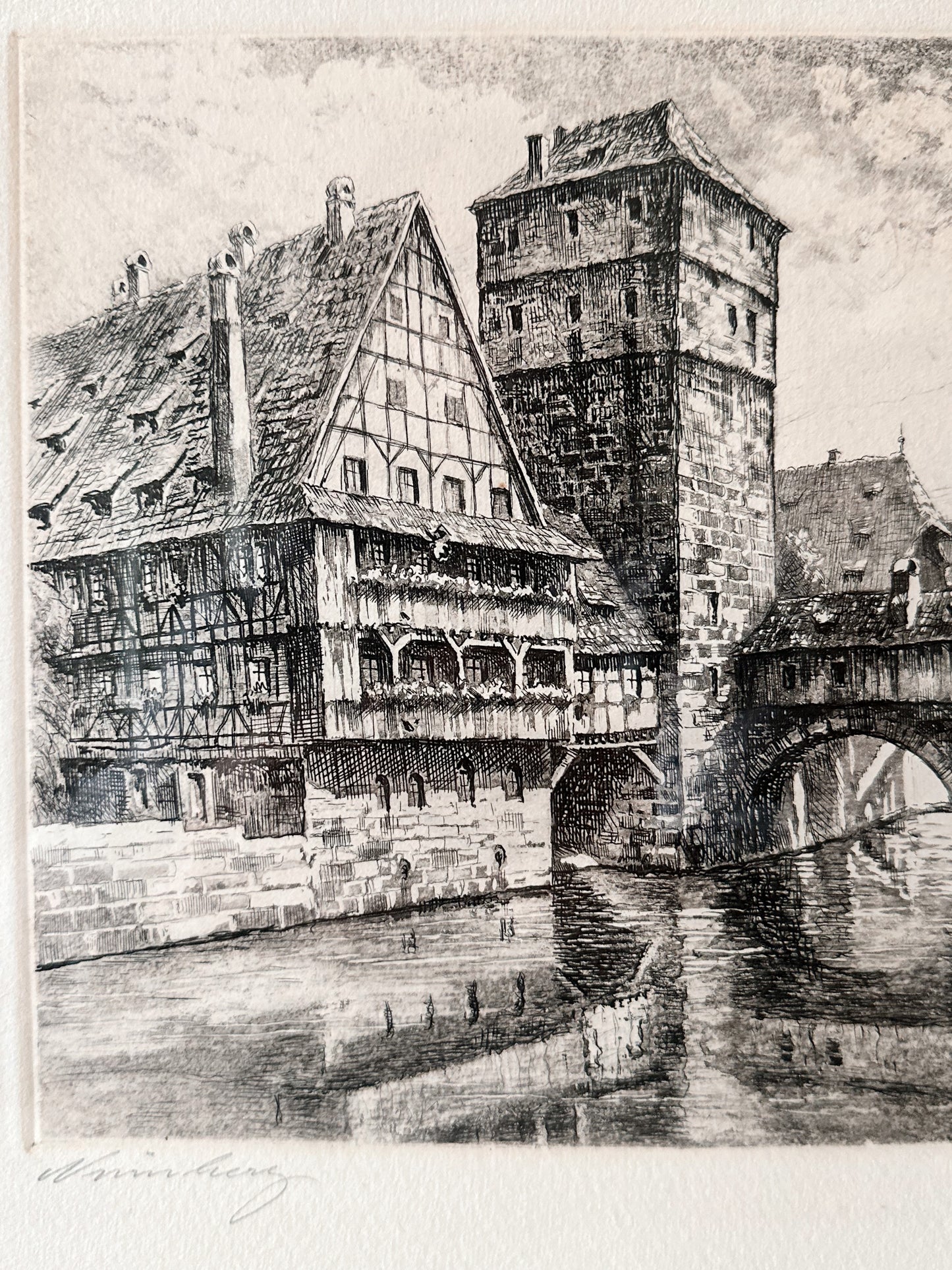Vintage Signed Etching of the Nuremberg Germany Hangman’s Bridge Canal