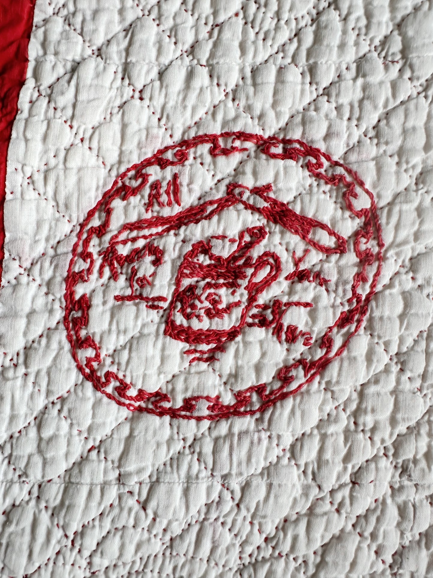 Antique Early 20th Century Redwork Embroidered Hand-Quilted Quilt