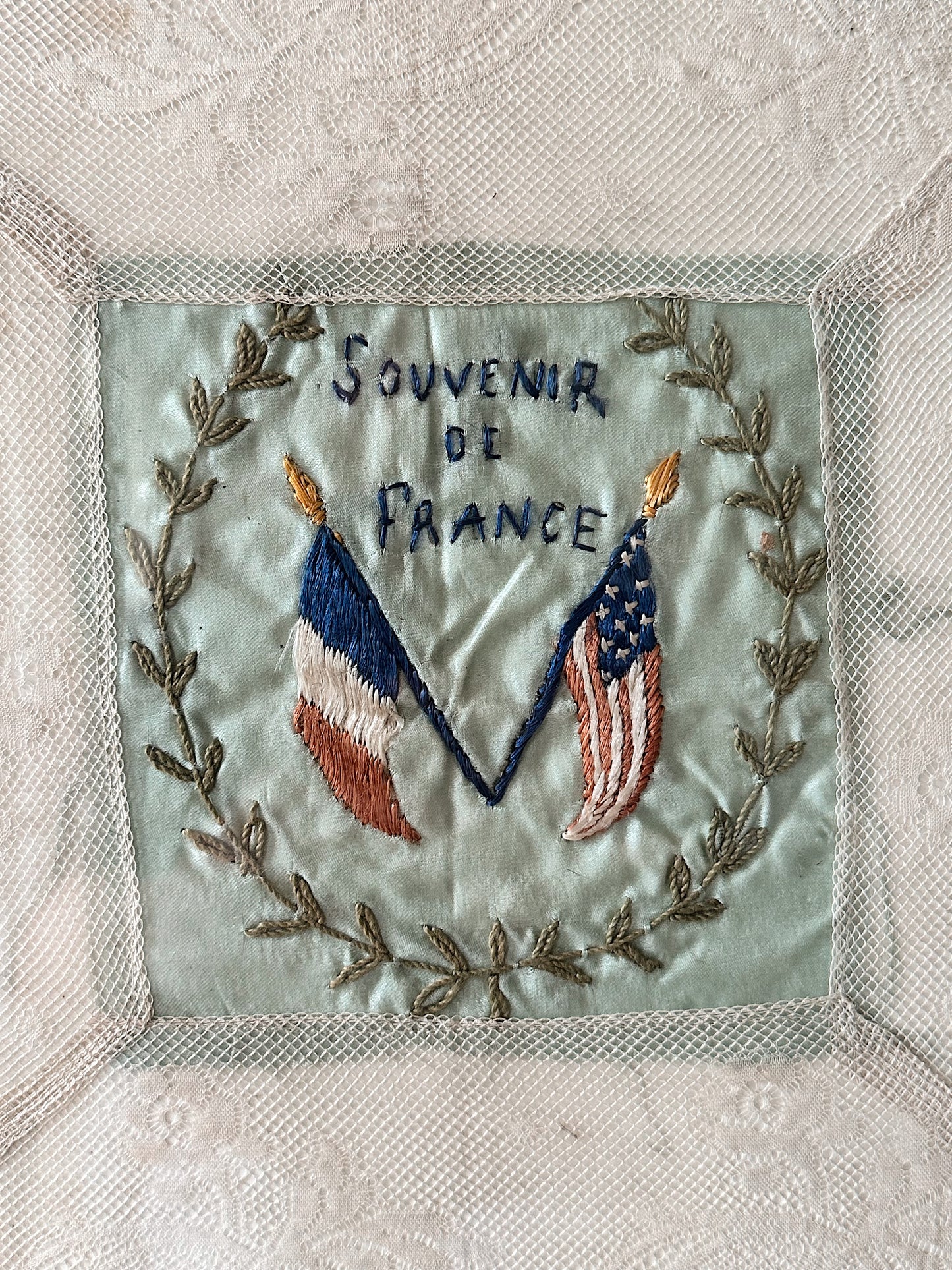 Framed WW1 Antique French Silk & Lace Embroidery Piece