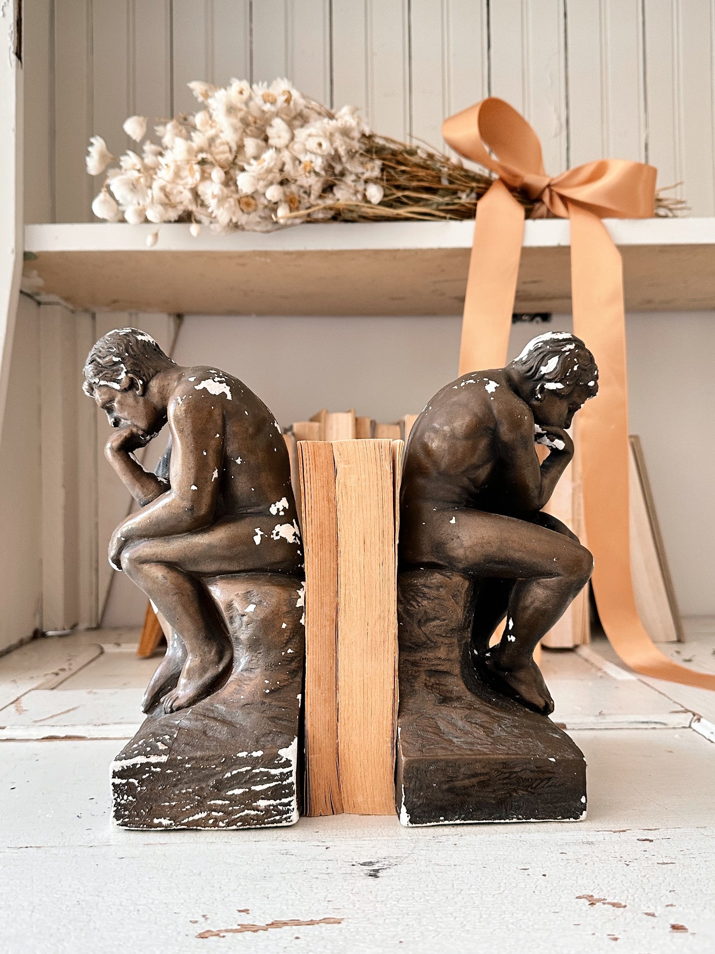 Pair of Chippy Vintage Esco Bookends, “The Thinker”