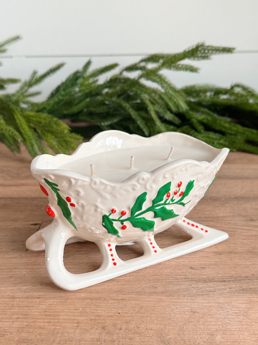 Hand Poured Gingerbread Cookie Candle in a Vintage Christmas Sleigh