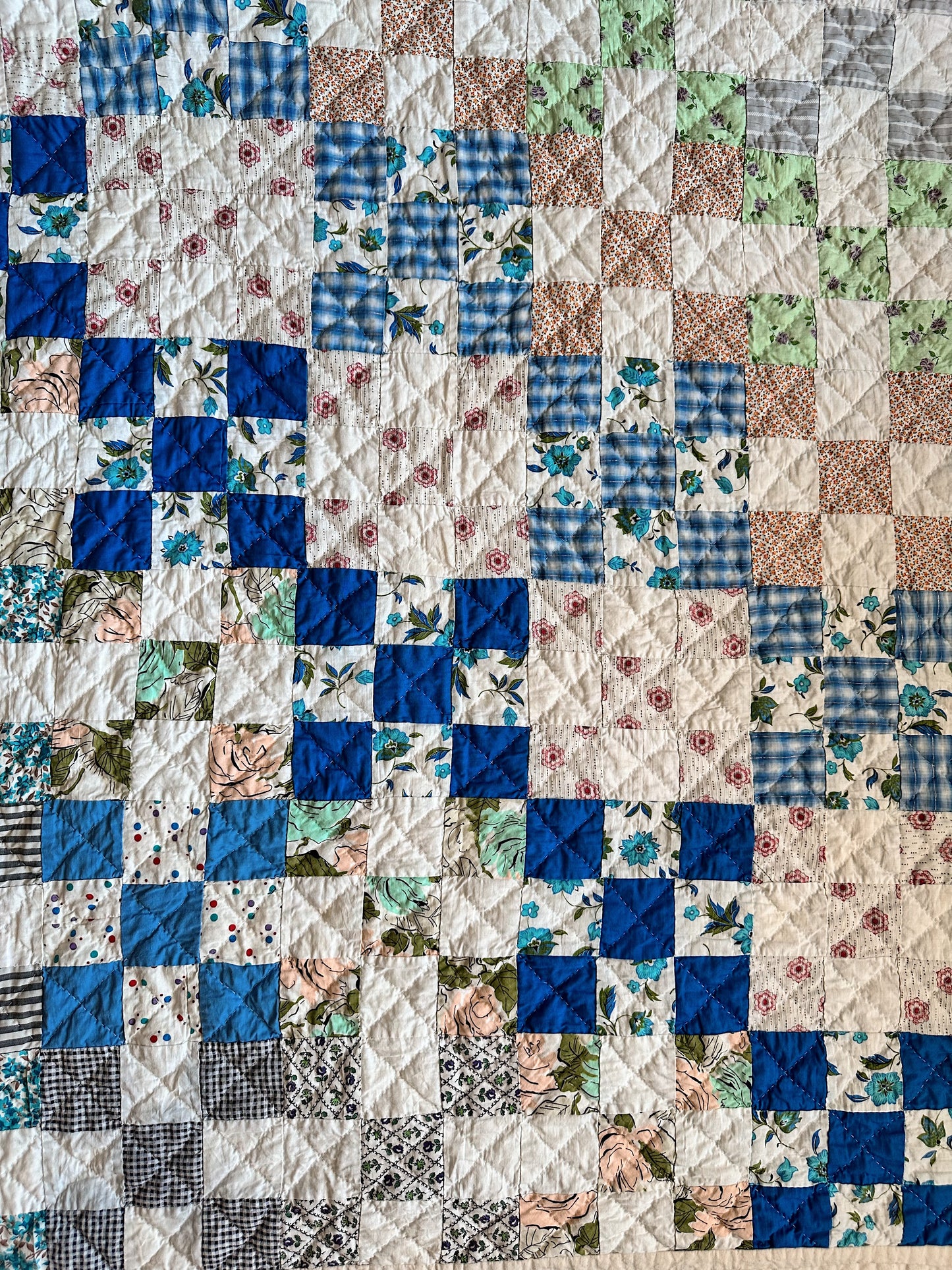 Hand Stitched Patchwork Quilt, Trip Around the World Variation