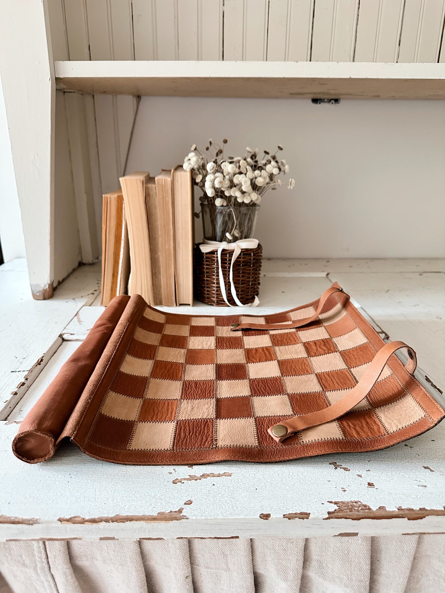 Vintage Leather Checker Board & Checkers