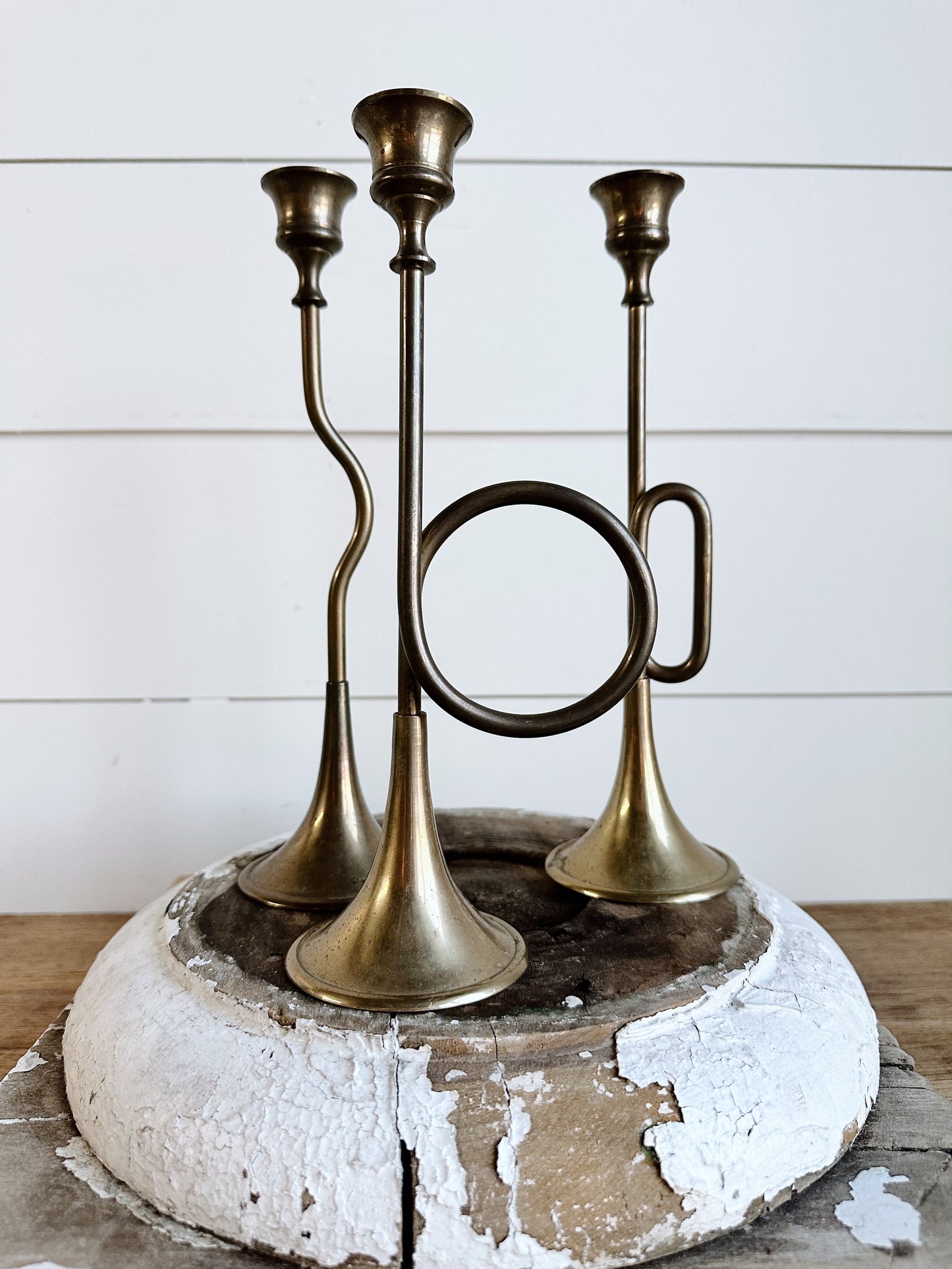 Trio of Vintage Brass Horn Candle Holders