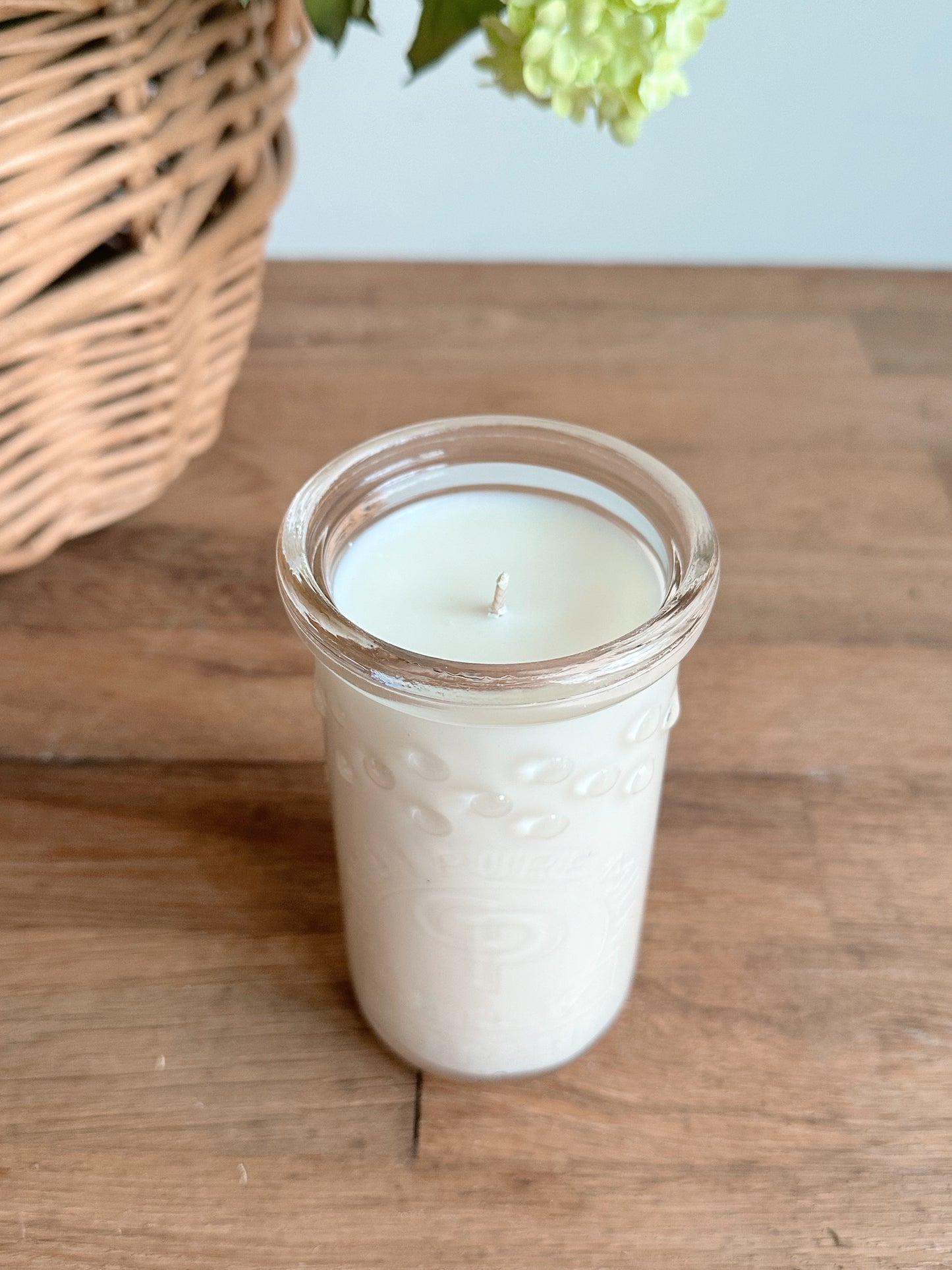 Hand Poured Fresh Pear in a Vintage Pink Hobnail Canton Pure Milk Co Jar