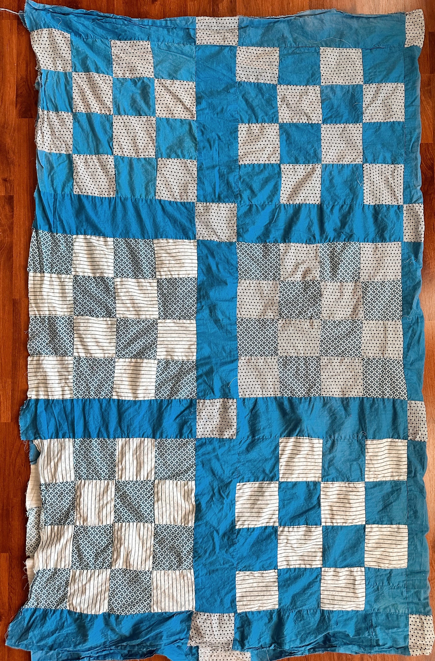 Vintage Hand Pieced Blue & White Cotton Checkerboard Quilt Top