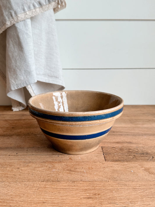 Beautifully Stained Yellow Ware Stoneware Bowl with Blue Stripes