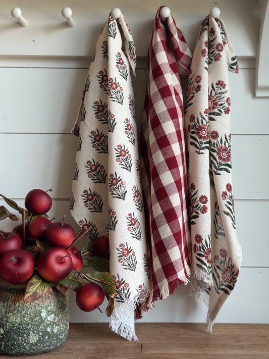 Set of Three Block Print & Gingham Tea Towels (green & red)