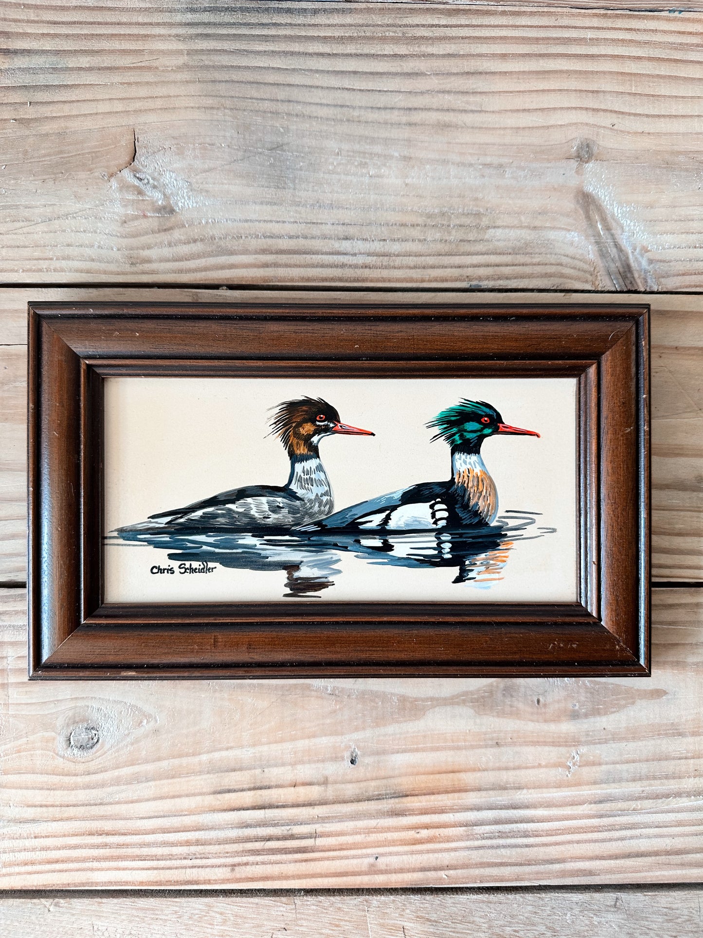 Vintage Hand Painted Red Breasted Mergansers Tile, H&R Johnson Tiles, England