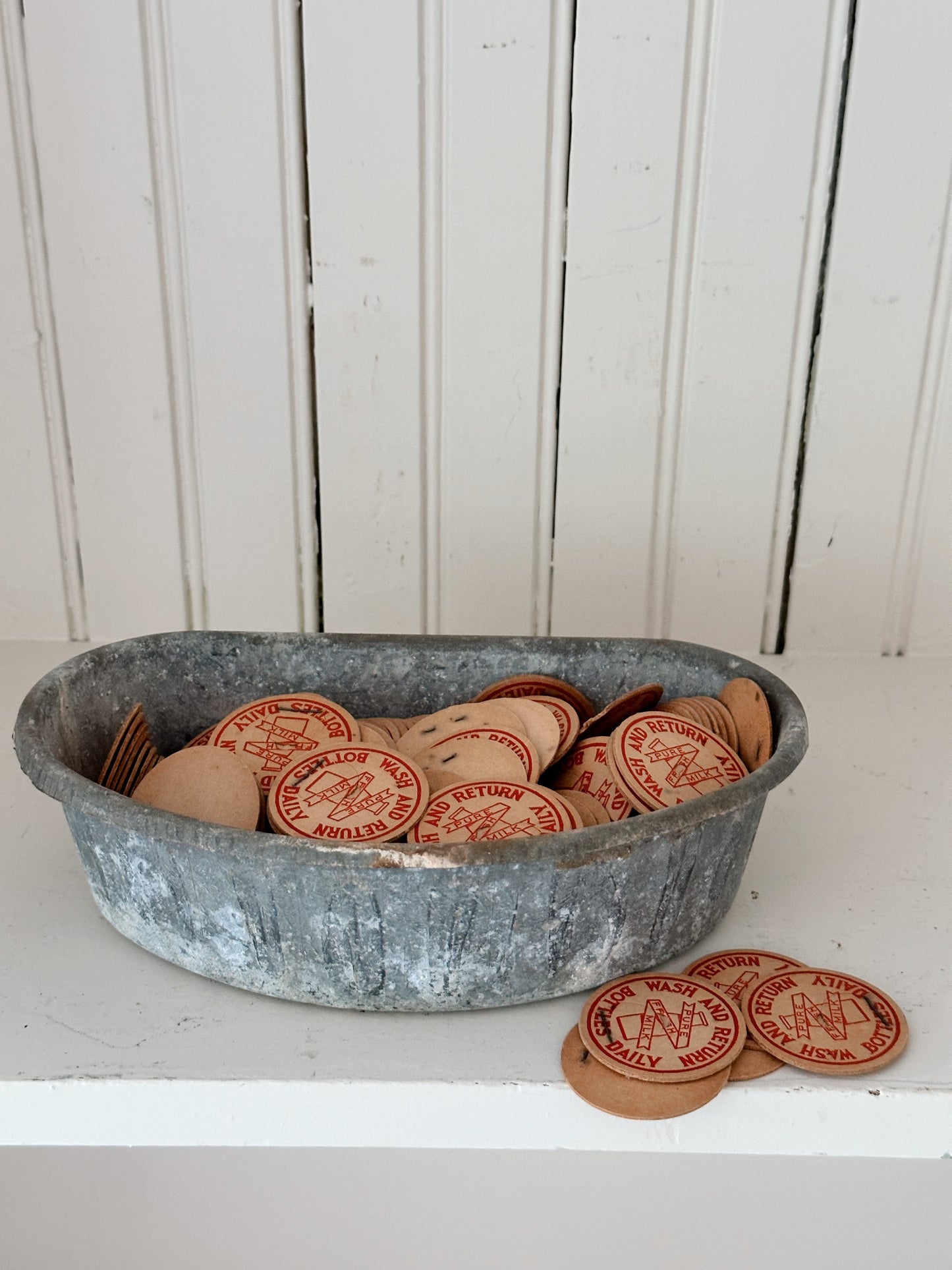 Vintage Galvanized Feeder Filled with Vintage Milk Bottle Caps