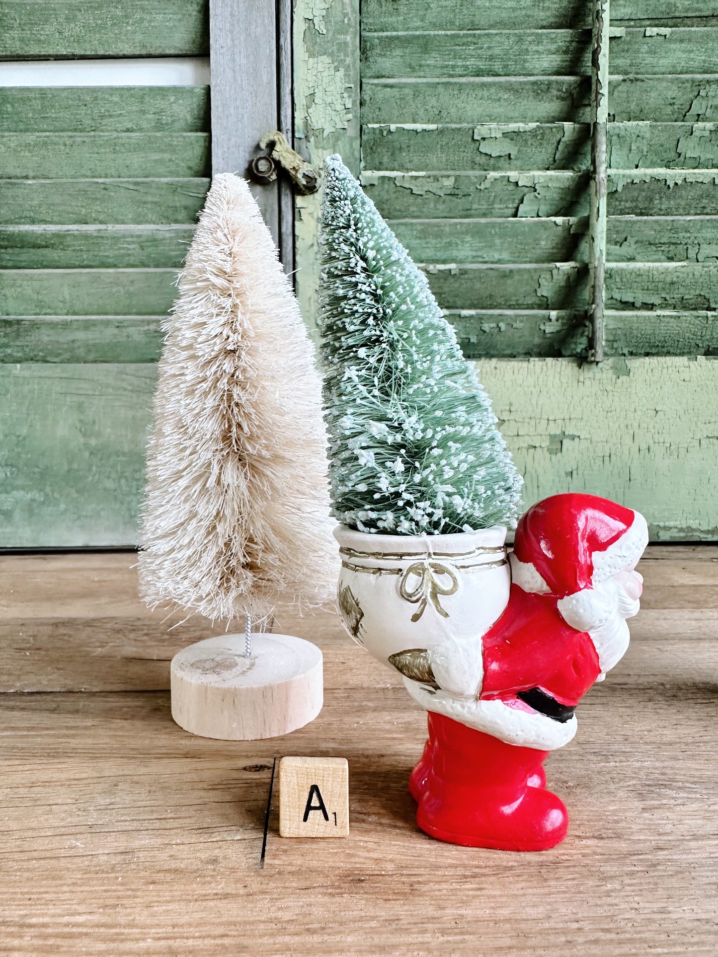 Vintage Hand Painted Santa & Bottlebrush Tree