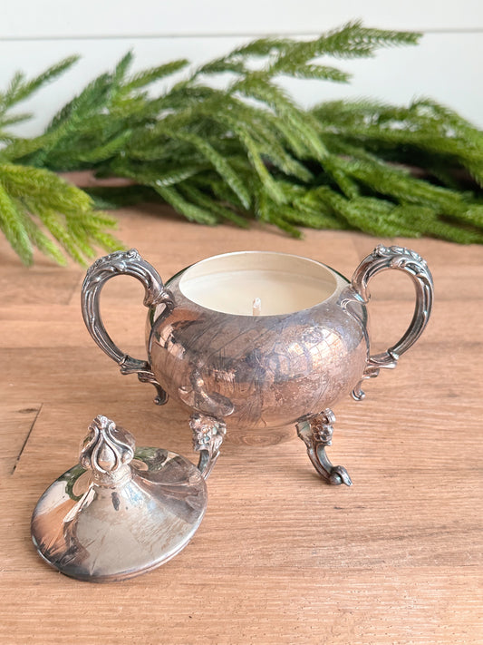 Hand Poured Cozy Christmas Candle in a Vintage Silver Plate Sugar Bowl