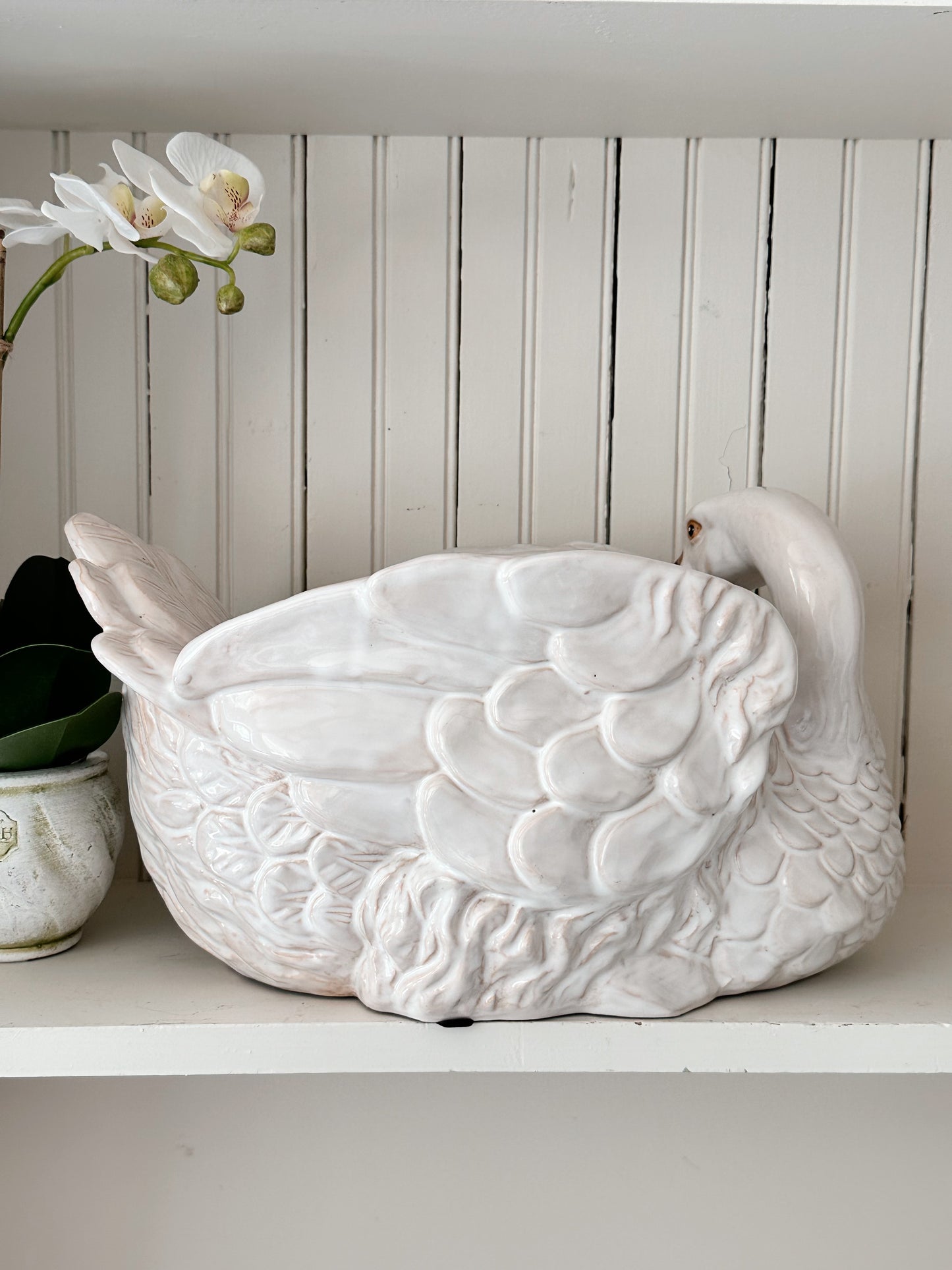 Large Vintage Glazed Terra Cotta Swan Planter