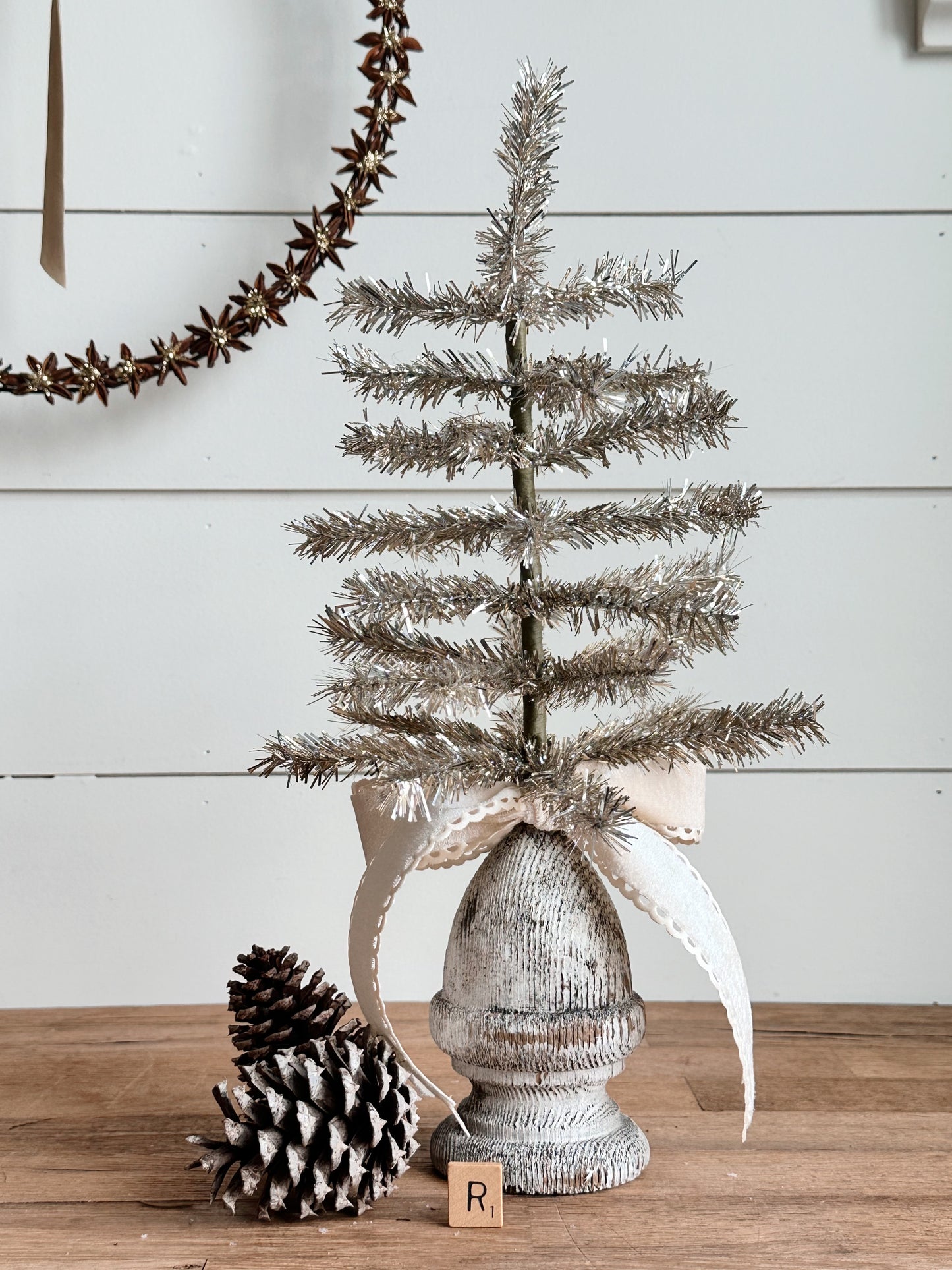 Vintage Wood Finial Tinsel Tree