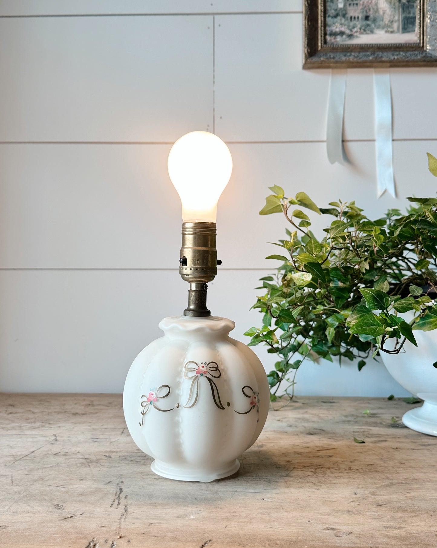 Vintage Glass Lamp with Hand Painted Bow Details