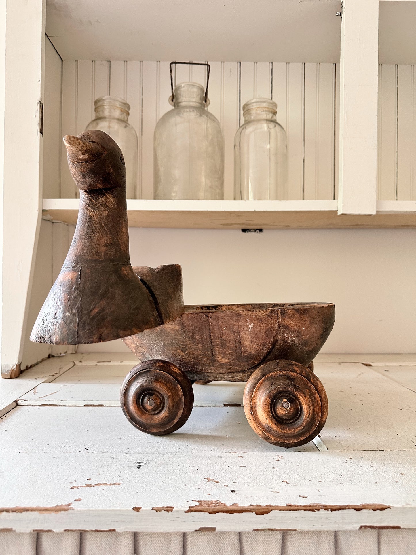 Amazing Old Carved Wood Duck on Wheels