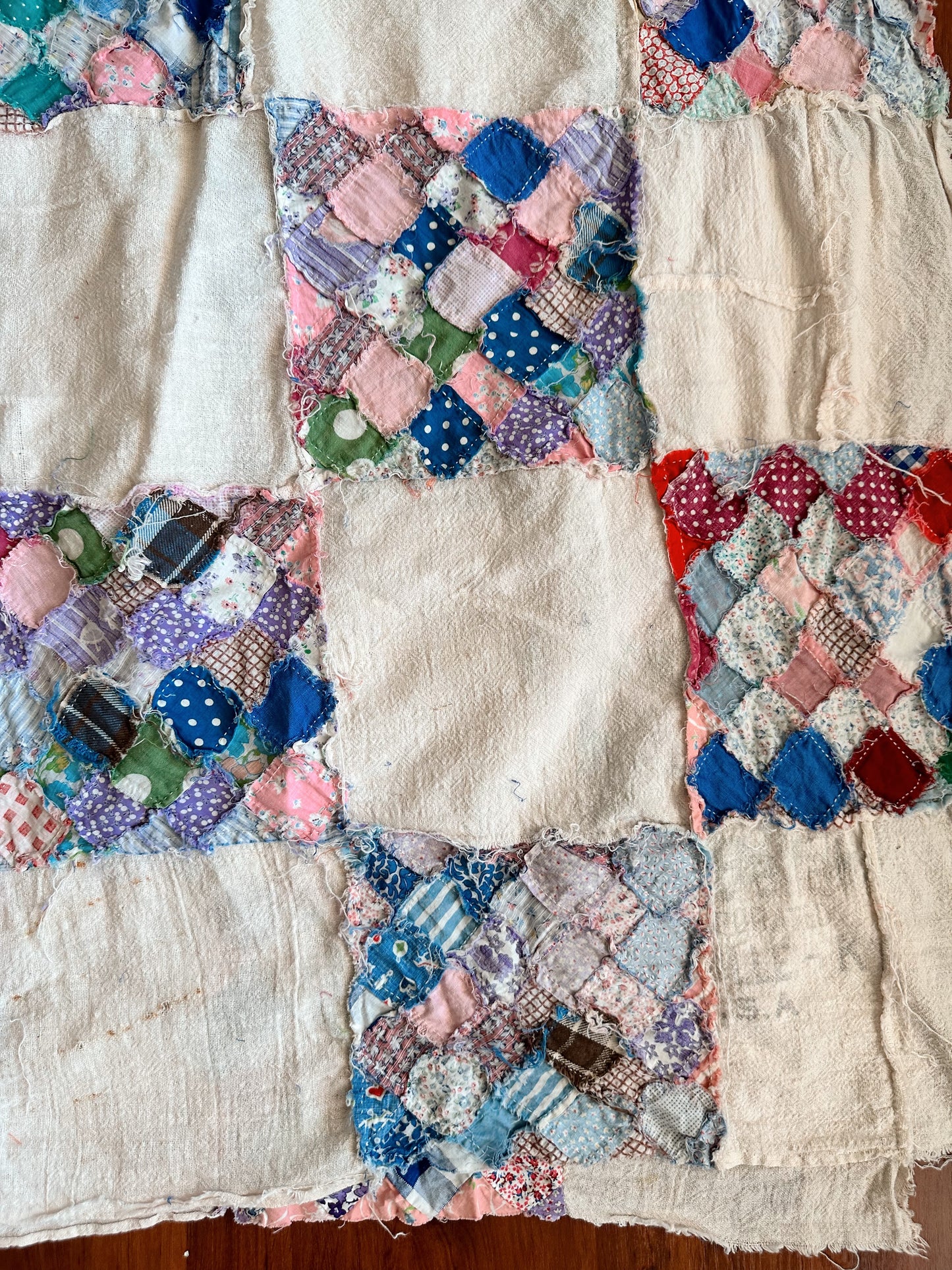 Depression Era Patchwork Scrap Utility Quilt Top With Repurposed Industrial Sack Borders