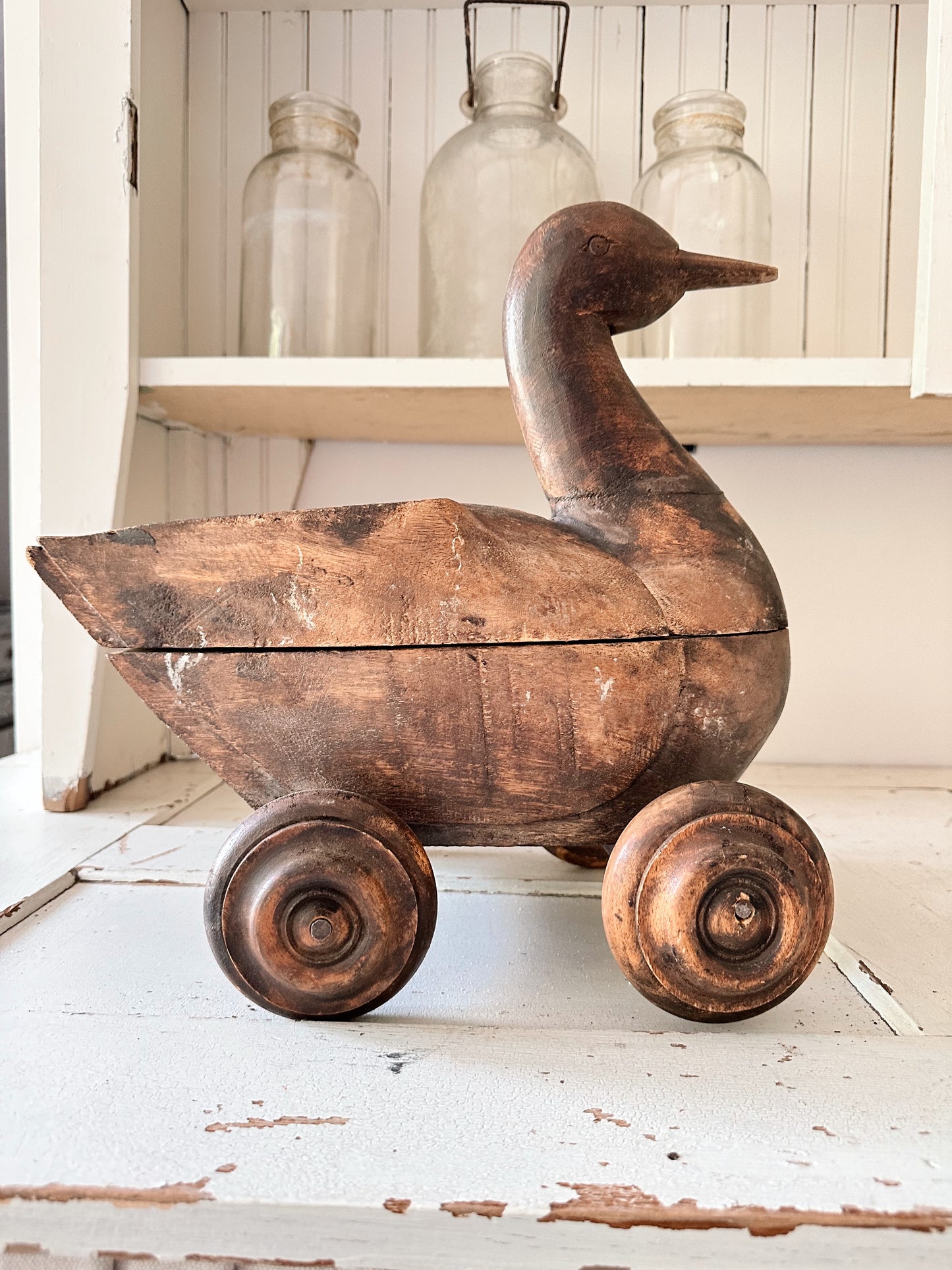 Amazing Old Carved Wood Duck on Wheels