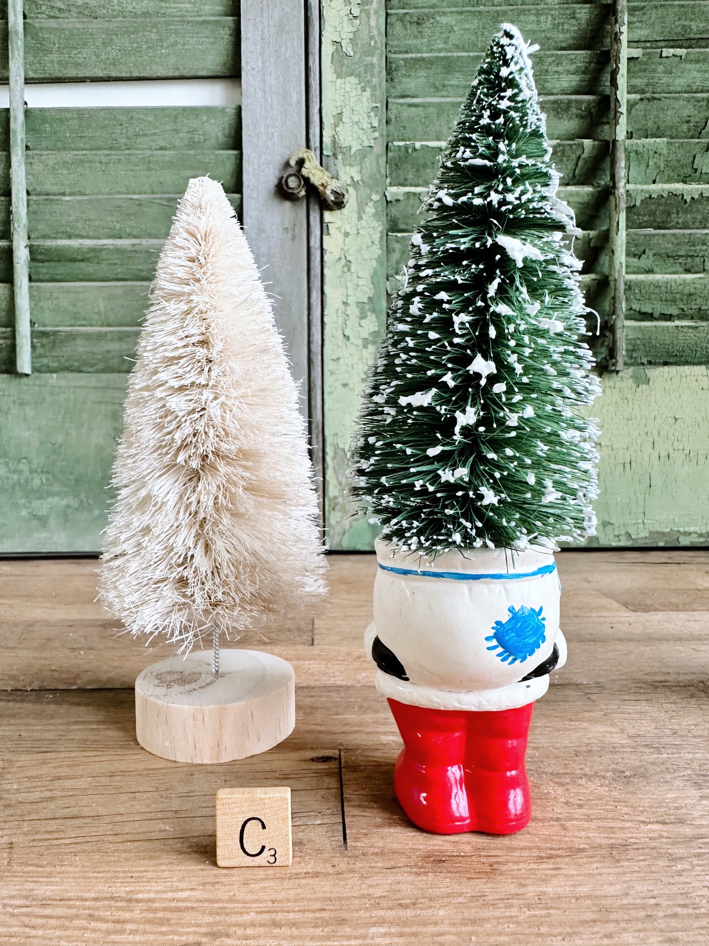 Vintage Hand Painted Santa & Bottlebrush Tree