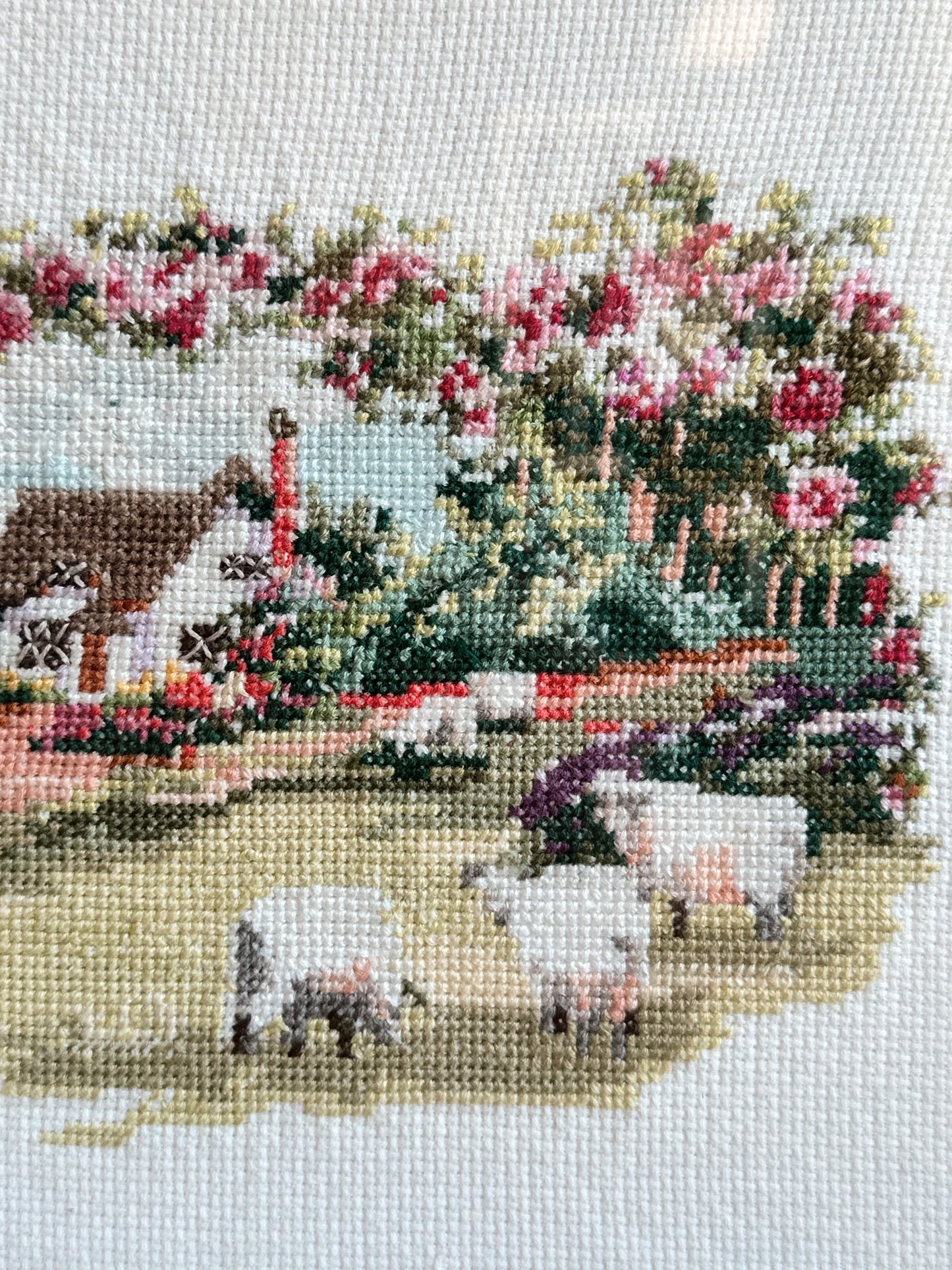 Vintage Framed Cross Stitch, Cottage with Sheep