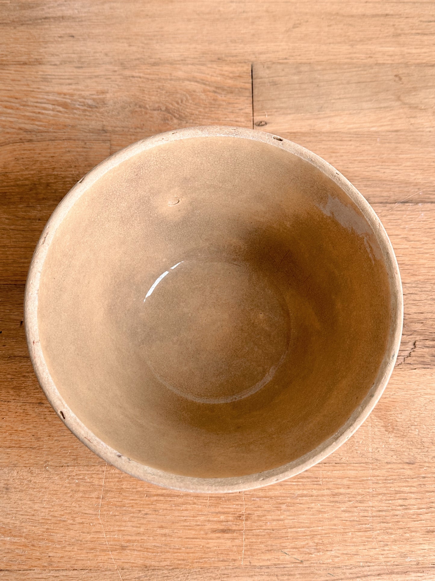 Beautifully Stained Yellow Ware Stoneware Bowl with Blue Stripes