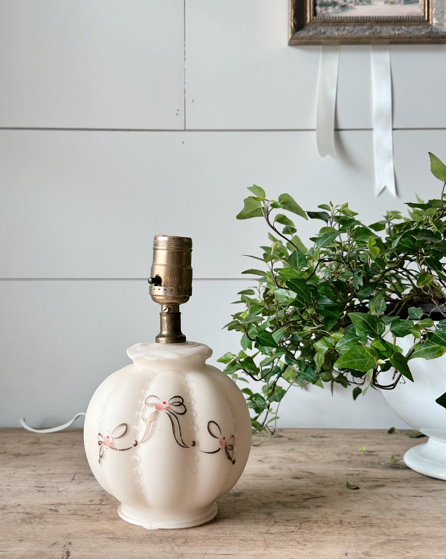 Vintage Glass Lamp with Hand Painted Bow Details