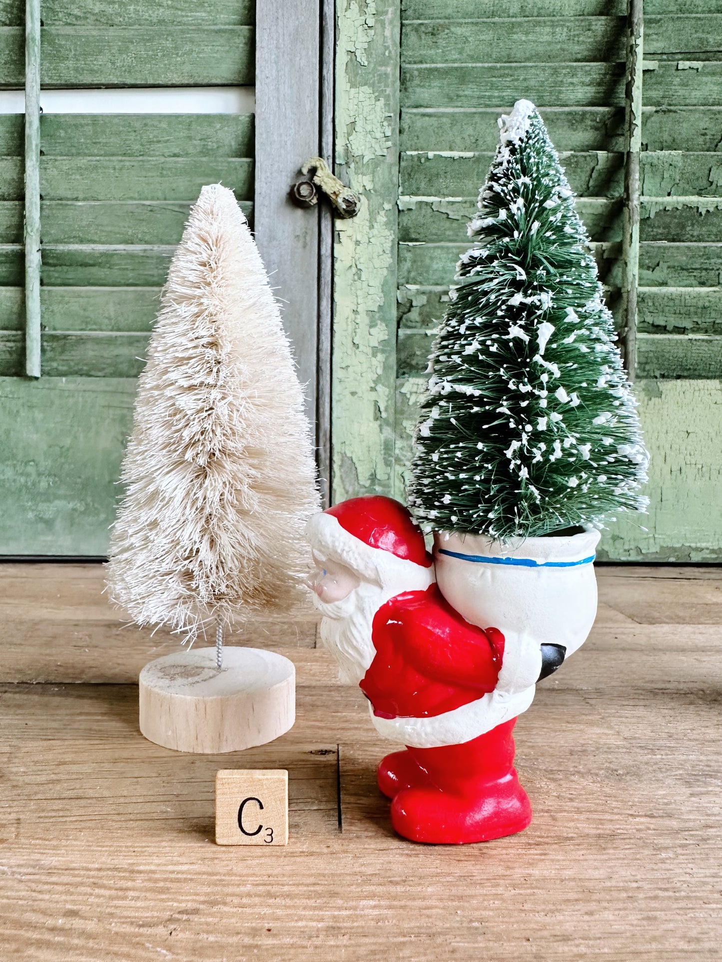 Vintage Hand Painted Santa & Bottlebrush Tree