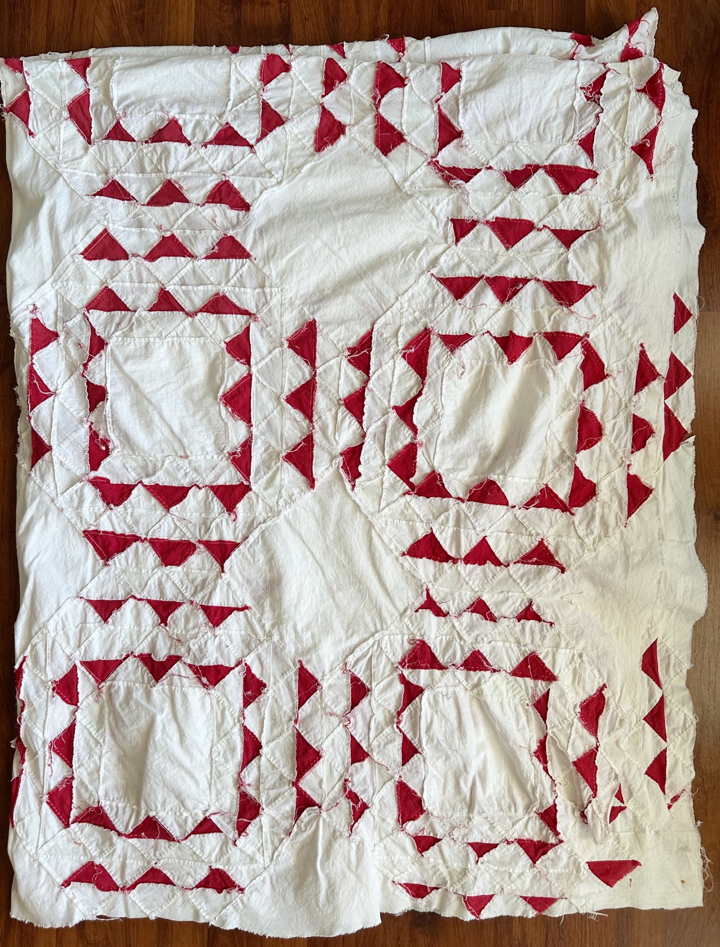 Antique Hand Pieced Turkey Red & White Sawtooth Quilt Top