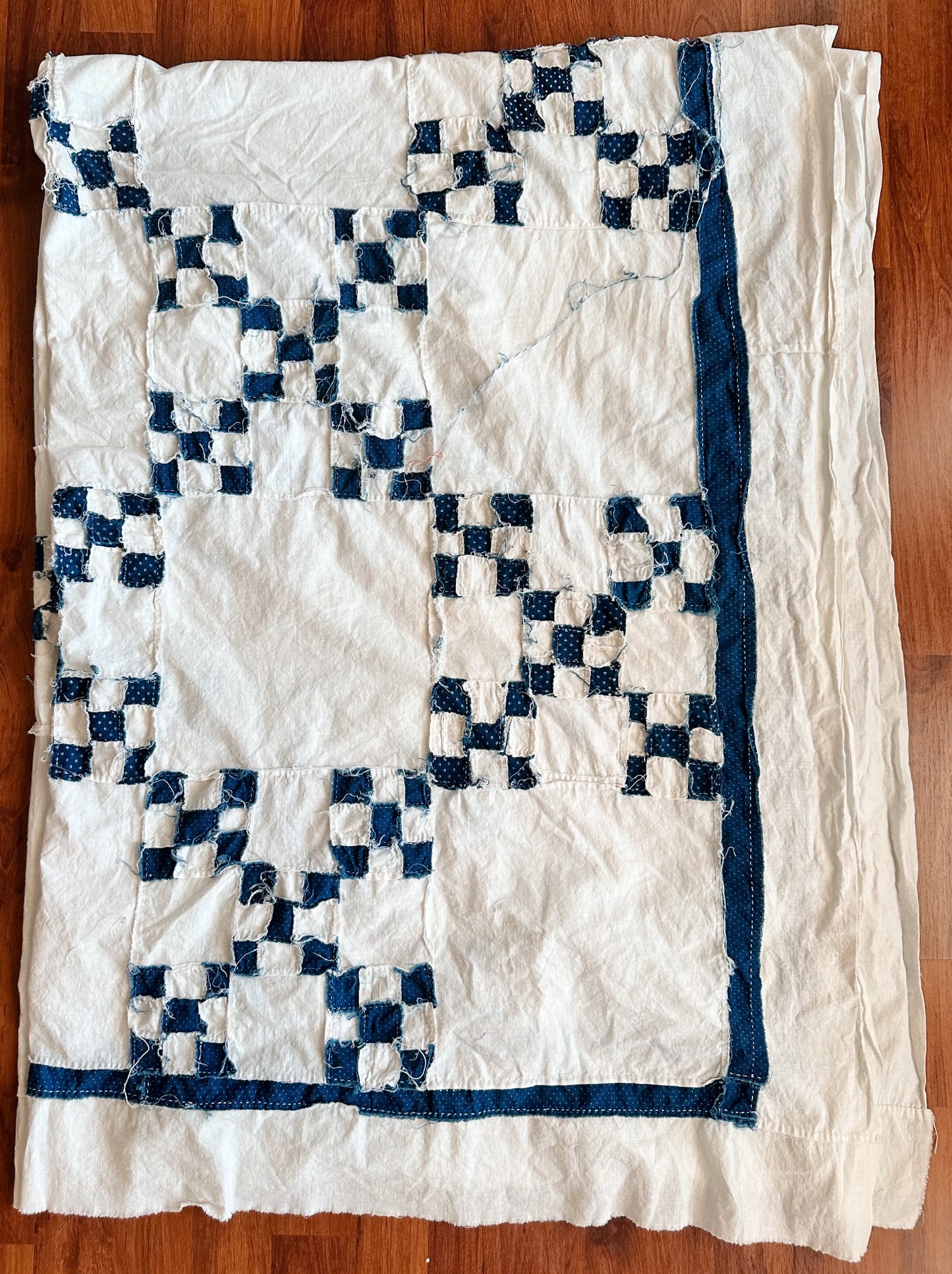 Vintage Hand Stitched Blue & White Double Irish Chain Quilt Top