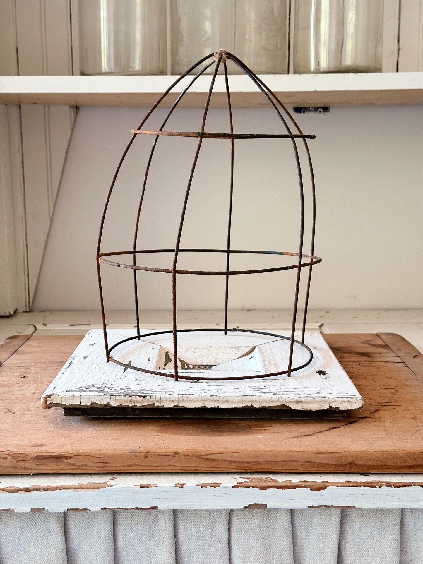 Vintage Wire Cloche & Chippy Wood Base